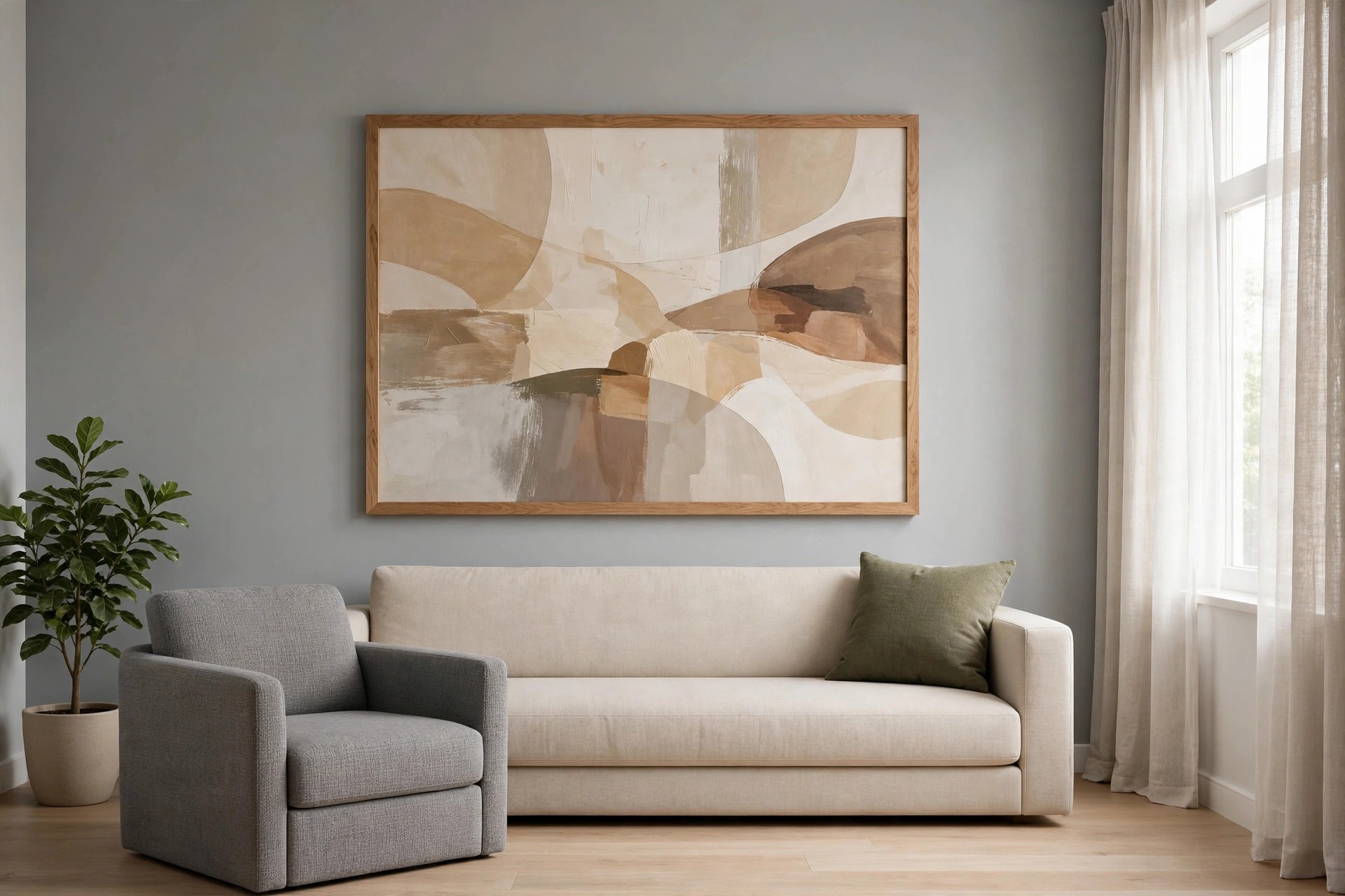 Large abstract art in warm beige and brown tones in a wood frame above a beige sofa with an olive cushion, a grey armchair and a potted plant