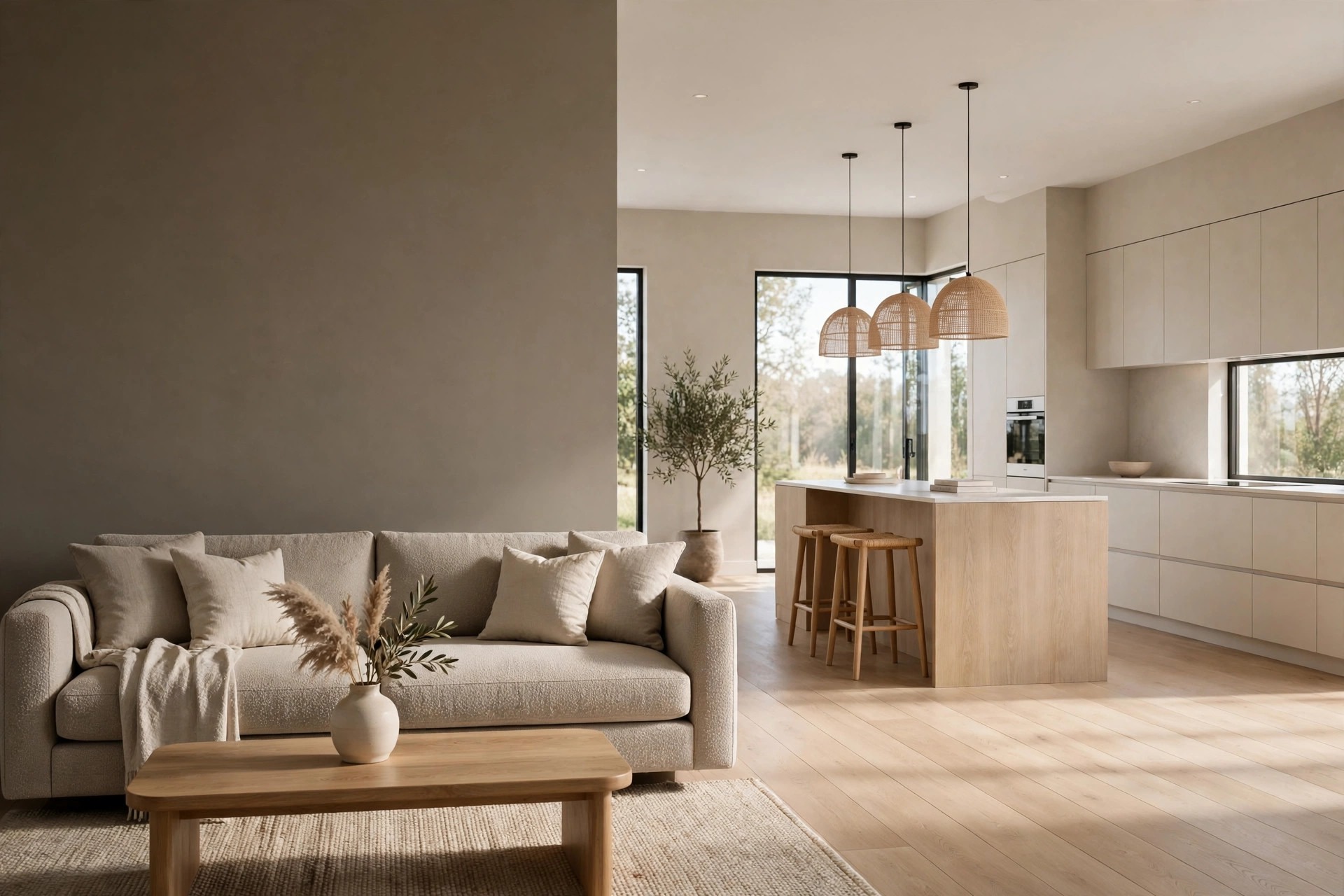 Beige sofa against a deeper grey beige wall with a lighter open plan kitchen and island beyond