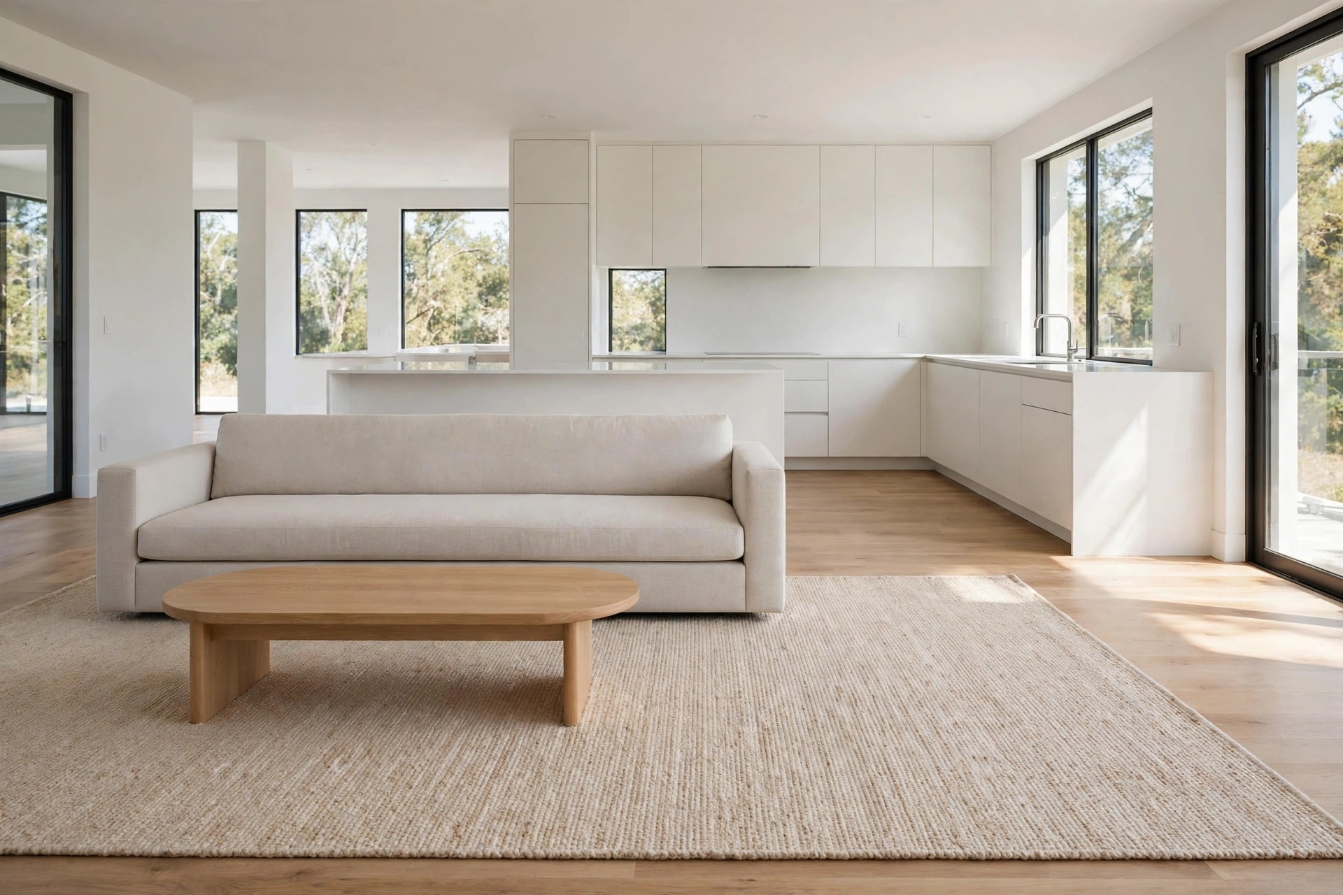 Light beige sofa and wood coffee table on a large light rug with a white open kitchen and bare wood floor beyond