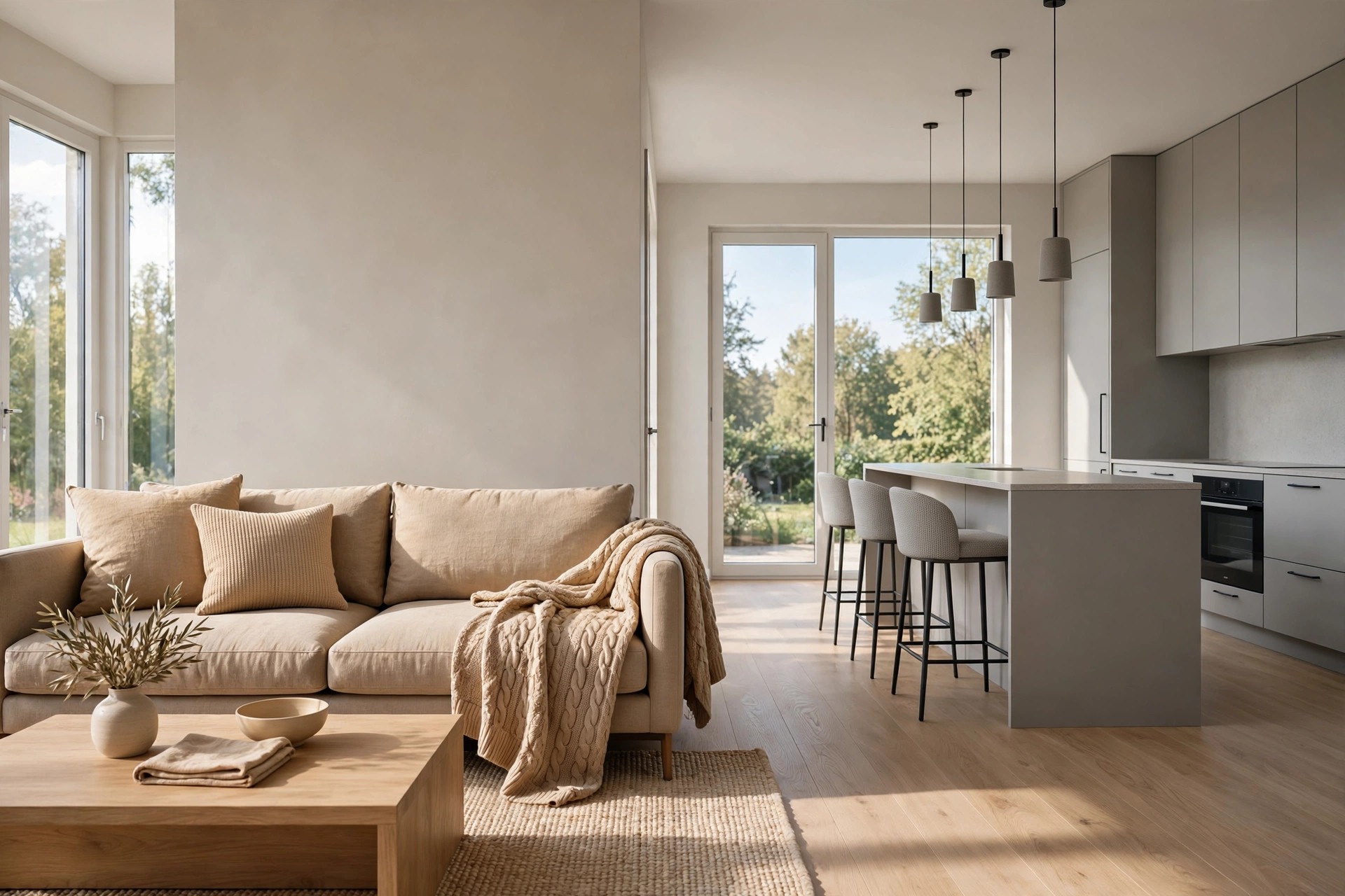 Warm beige sofa with a knit throw beside a cooler grey kitchen island with grey stools