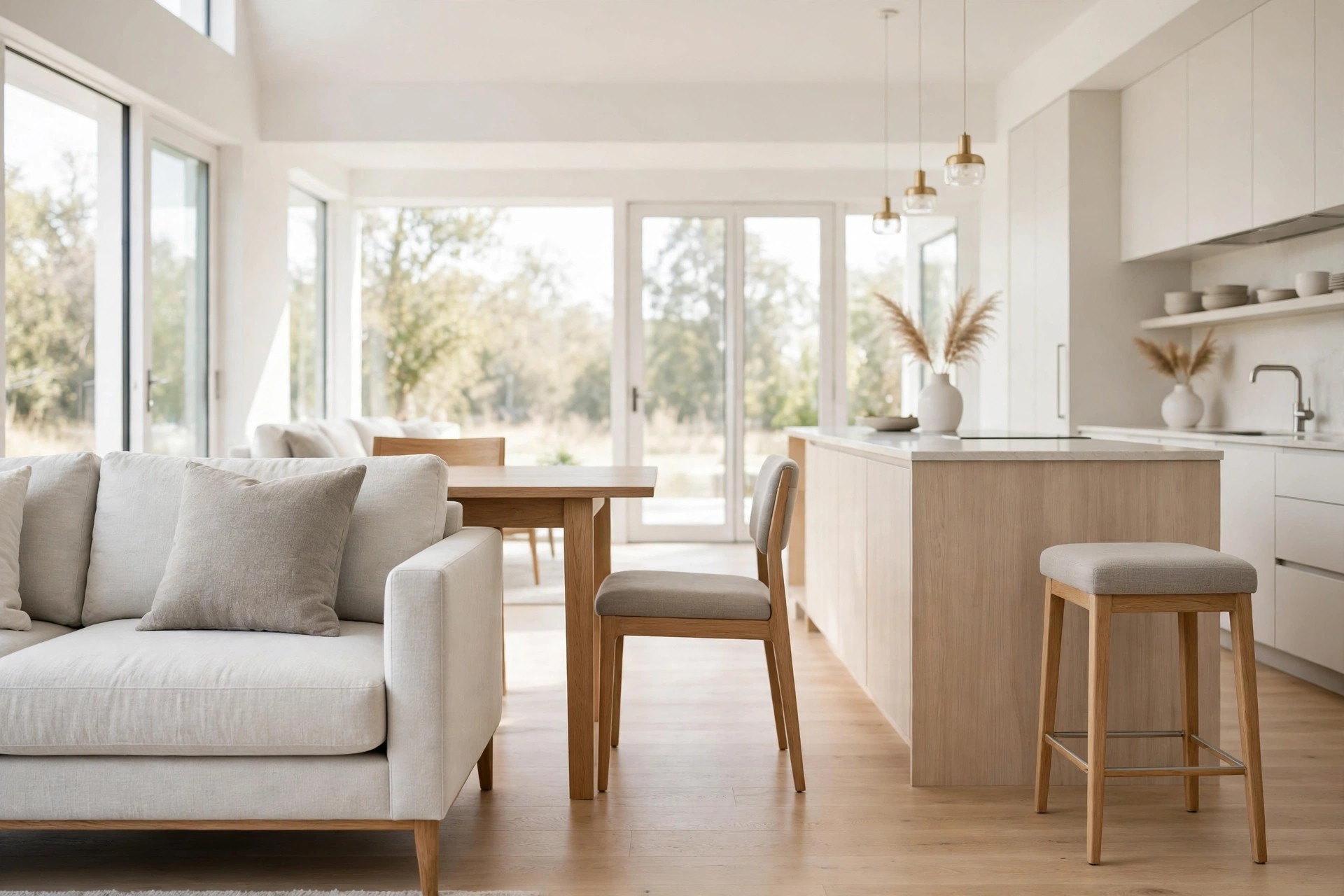Grey beige cushion on a sofa, matching dining chair seat and kitchen stool in one open plan space