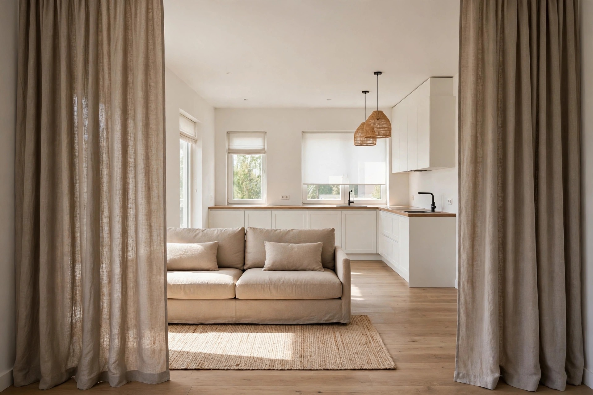 Tall warm grey beige curtains framing a beige sofa and rug with a kitchen with blinds in the background
