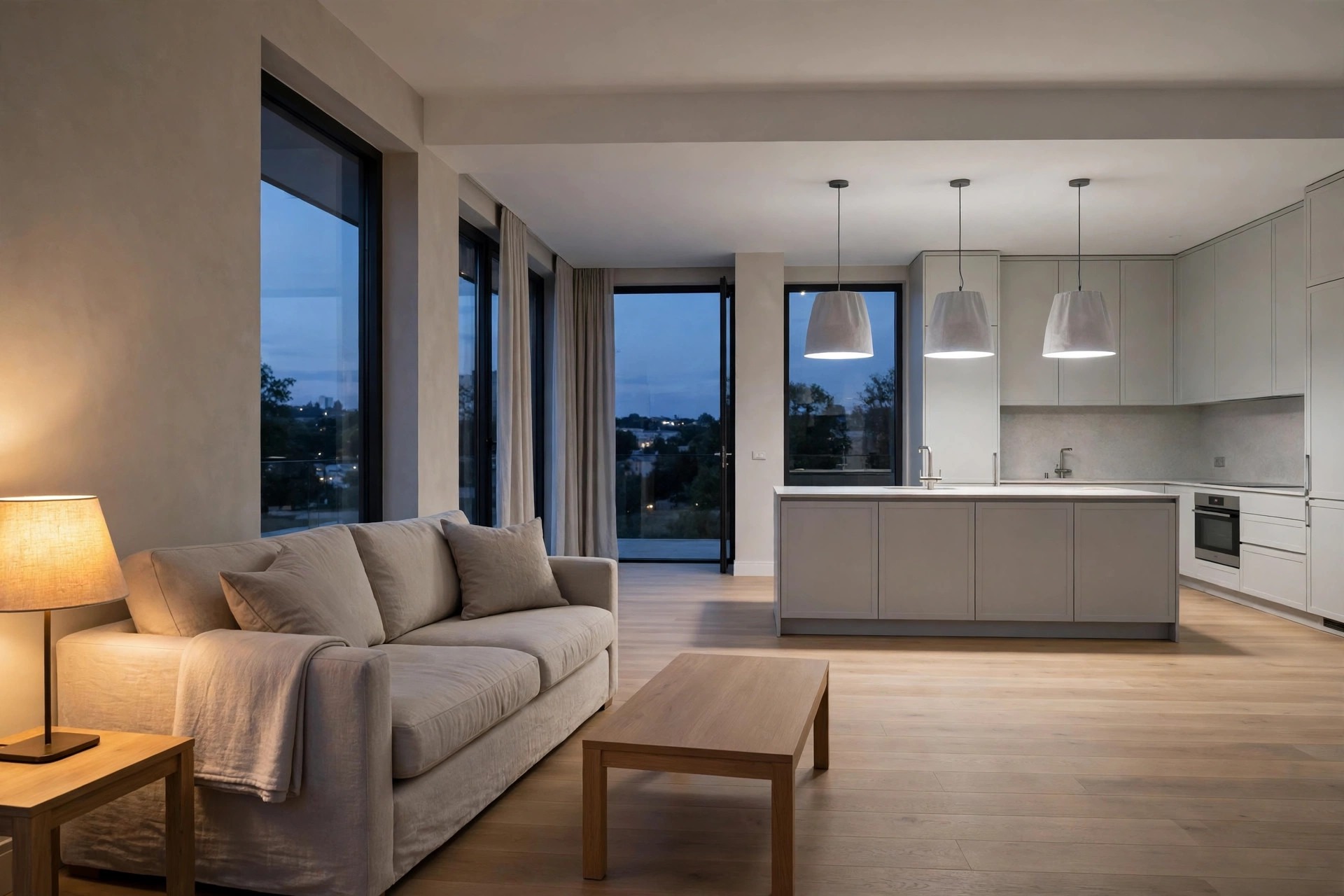 Open plan space at dusk with a warm lamp beside a greige sofa and bright white pendants over a grey beige kitchen island