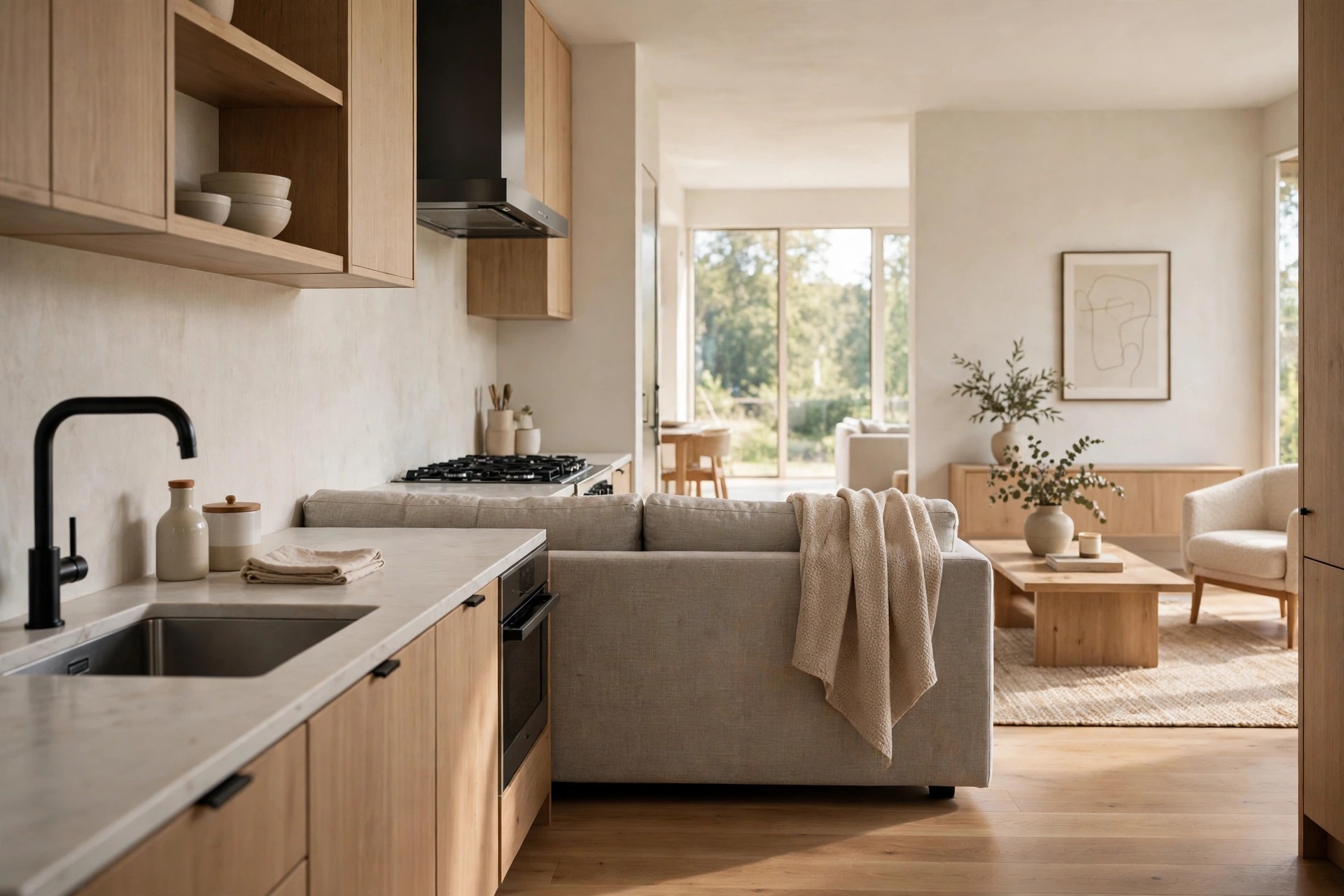 Kitchen counter in the foreground with the back of a grey beige sofa and a beige throw dividing it from the living area