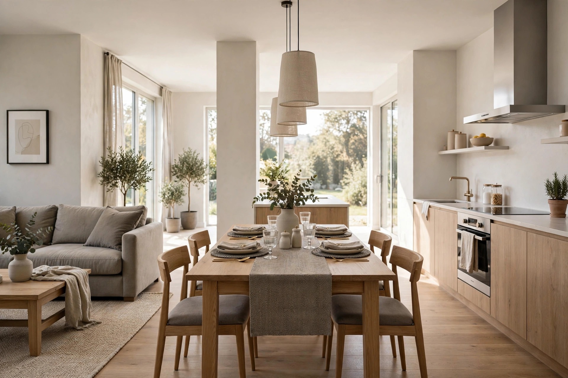 Wood dining table with a darker grey beige runner and placemats between a grey sofa and a light wood kitchen