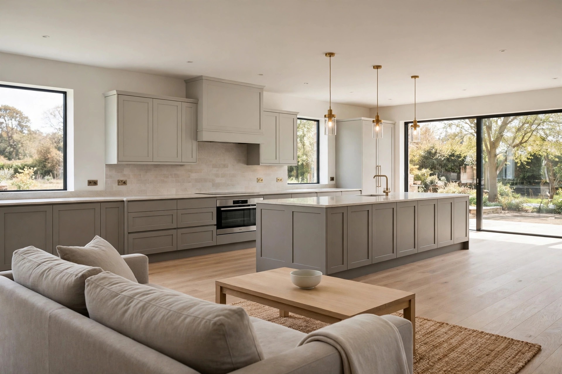Kitchen with darker grey beige lower cabinets and pale upper cabinets with a greige sofa and coffee table in the foreground