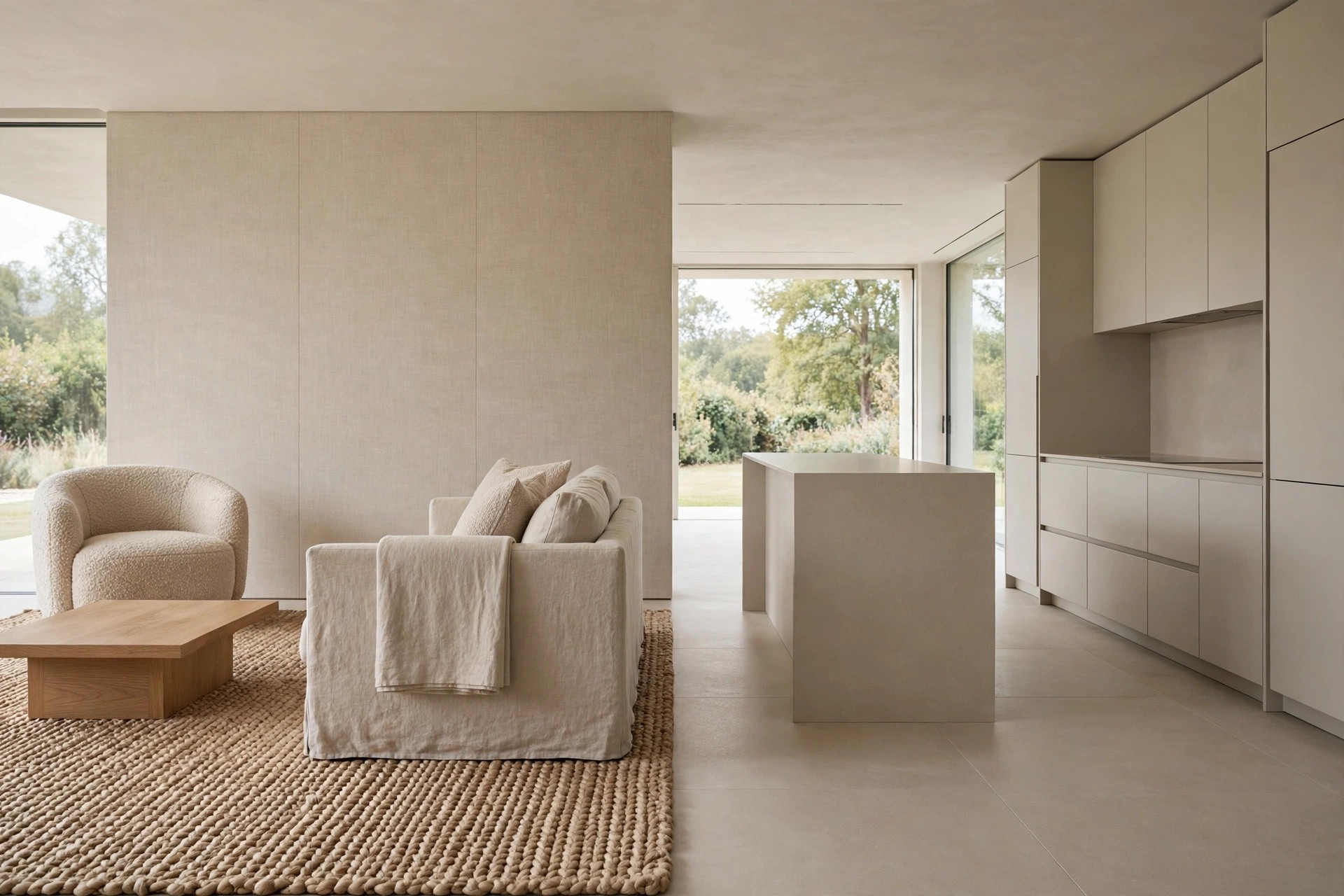 Boucle chair and woven rug in the soft living zone beside a smooth grey beige kitchen island and cabinets