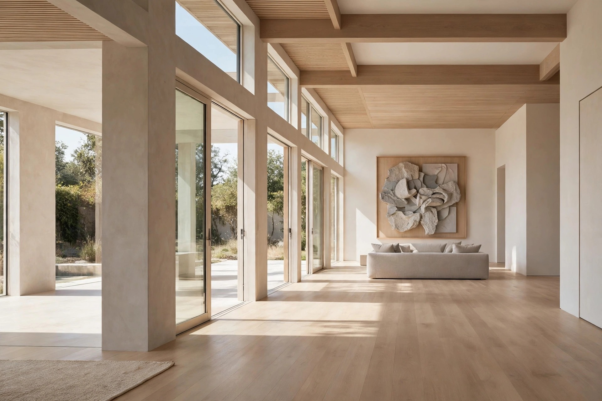 Long open space with a large stone textured art piece in greige tones above a low grey beige sofa at the far end