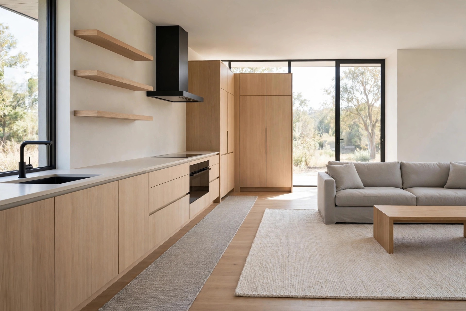 Slim grey runner along light wood kitchen counters beside a large light living rug and a grey sofa