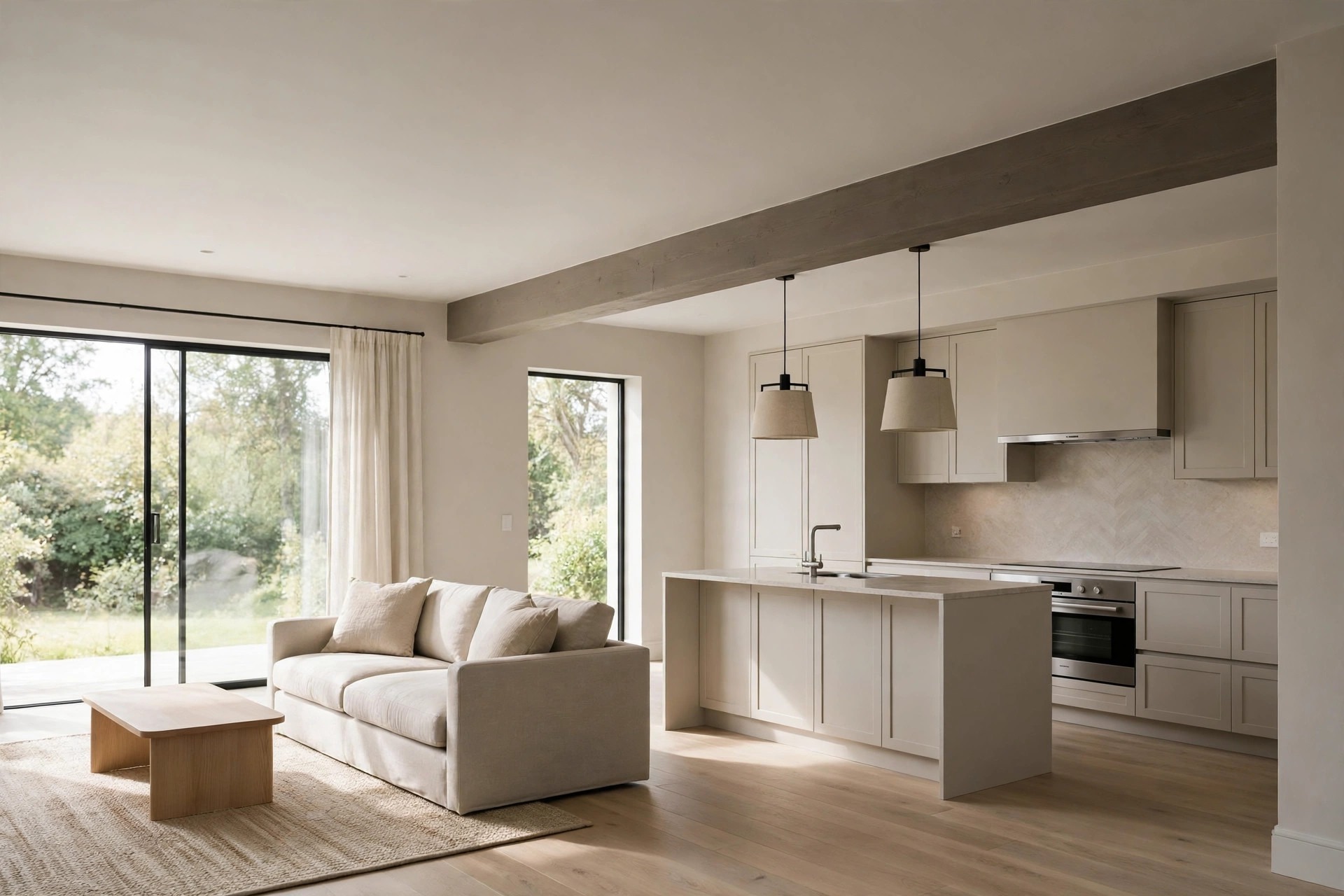Dark grey beige ceiling beam over a greige kitchen island with a beige sofa and rug in the living zone