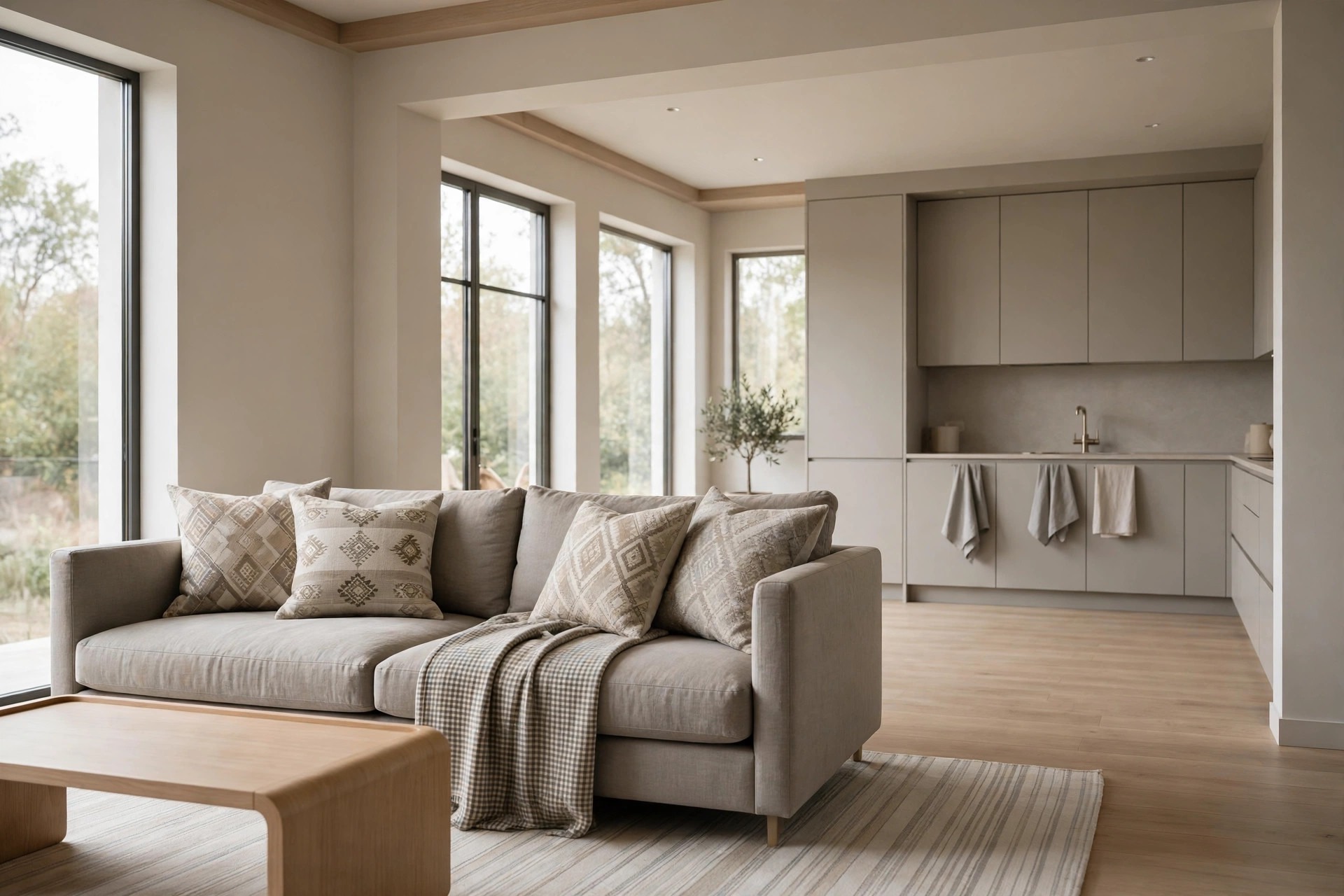 Grey sofa with patterned cushions and a checked throw on a striped rug with a plain grey beige kitchen behind