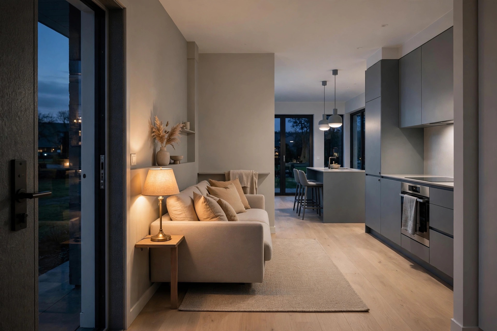 Evening view from an entry with a warm lamp and warm beige cushions on a sofa beside a cooler grey kitchen