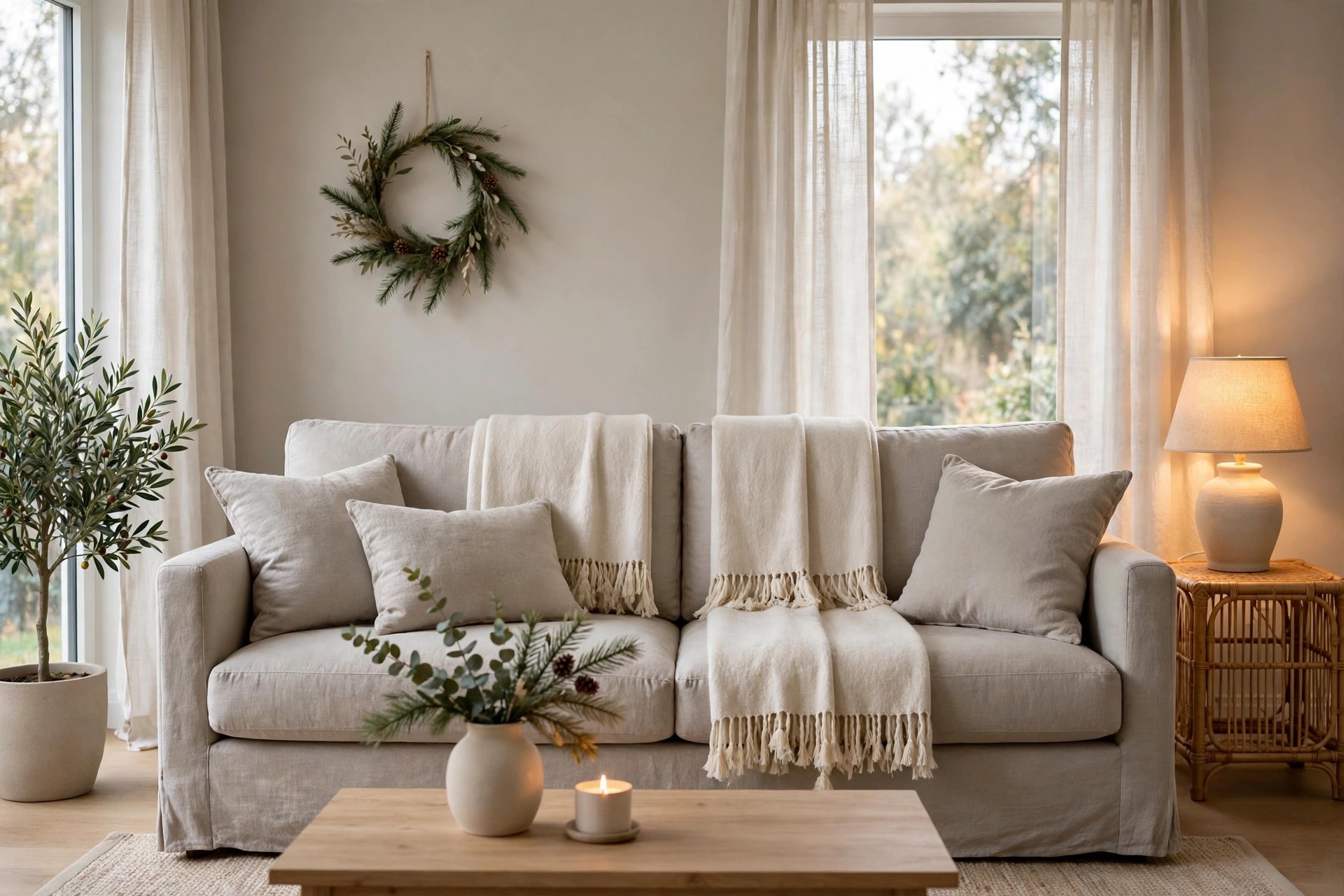 Greige sofa with two cream fringed throws folded over the back, beige cushions, a greenery wreath on the wall, and a lit table lamp on a rattan side table