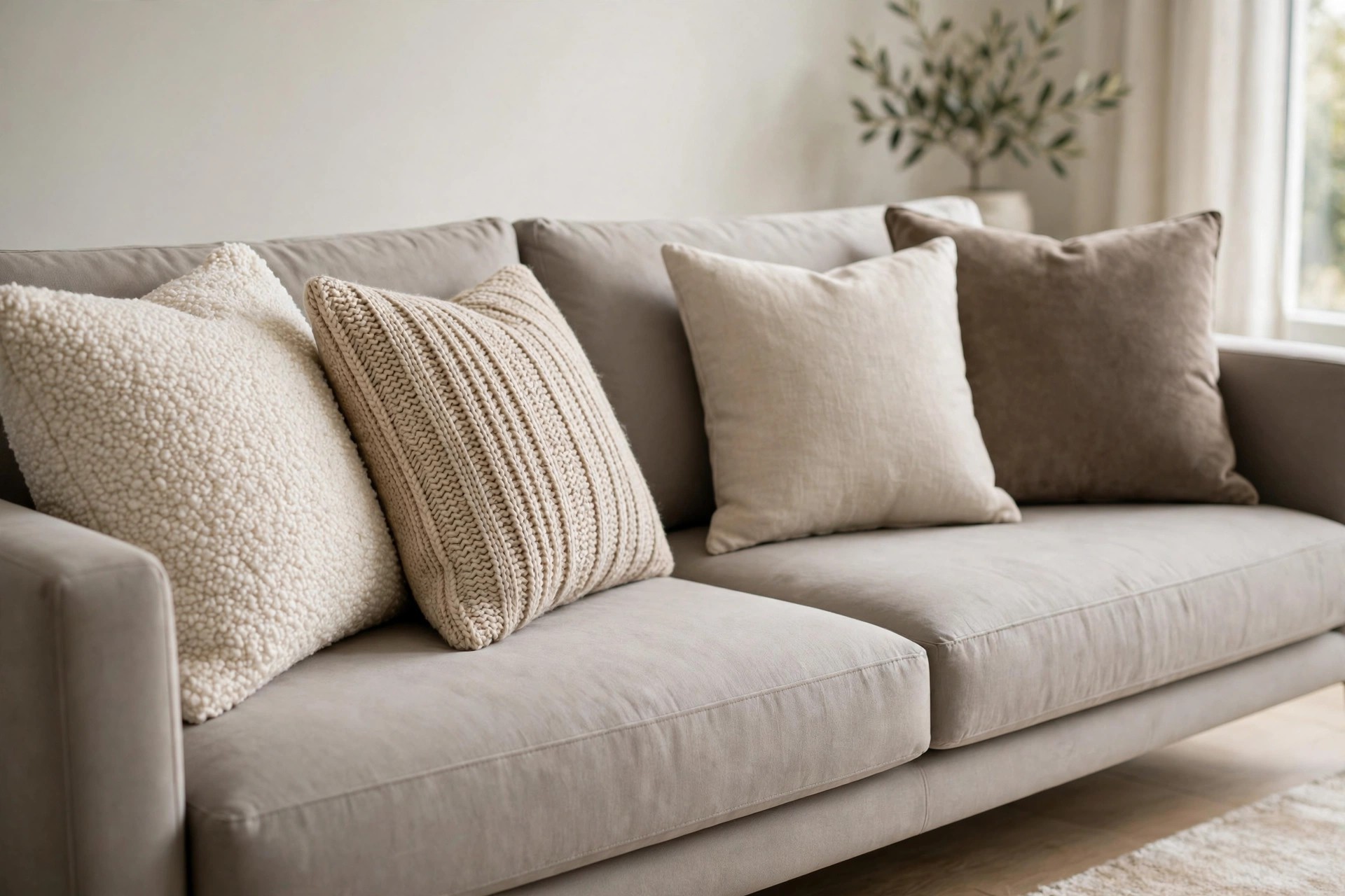 Close view of a grey beige sofa with four cushions in cream boucle, beige knit, plain linen, and a deeper taupe cover
