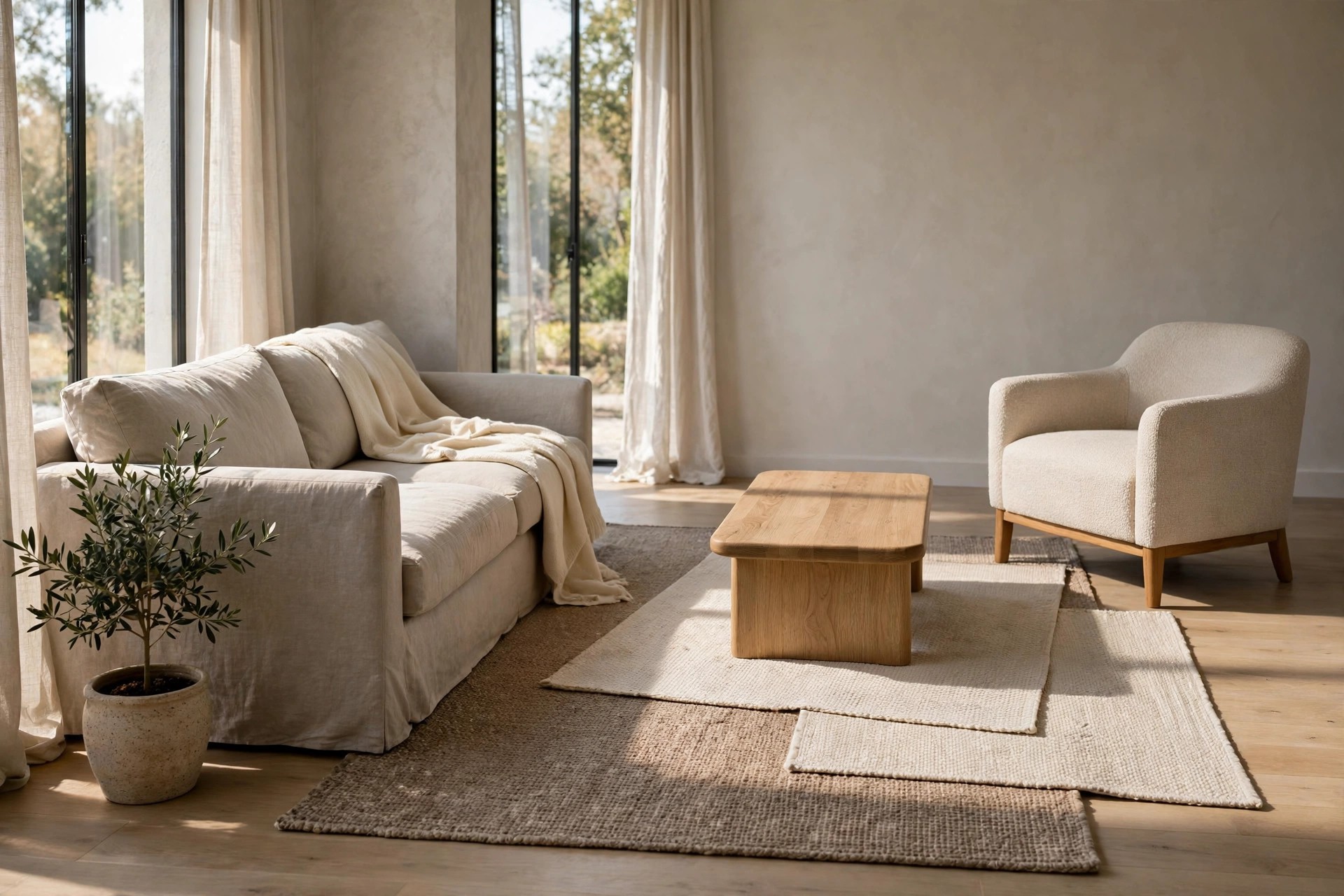 Cream flatweave rug layered over a larger taupe rug under an oak coffee table, with a greige sofa on the left and a cream armchair on the right