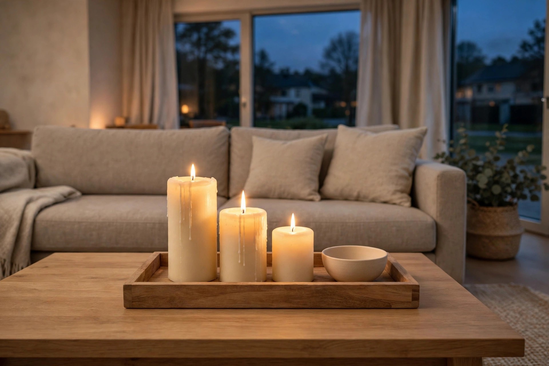 Wooden tray with three lit cream pillar candles at different heights and a small bowl on a coffee table in front of a greige sofa at dusk