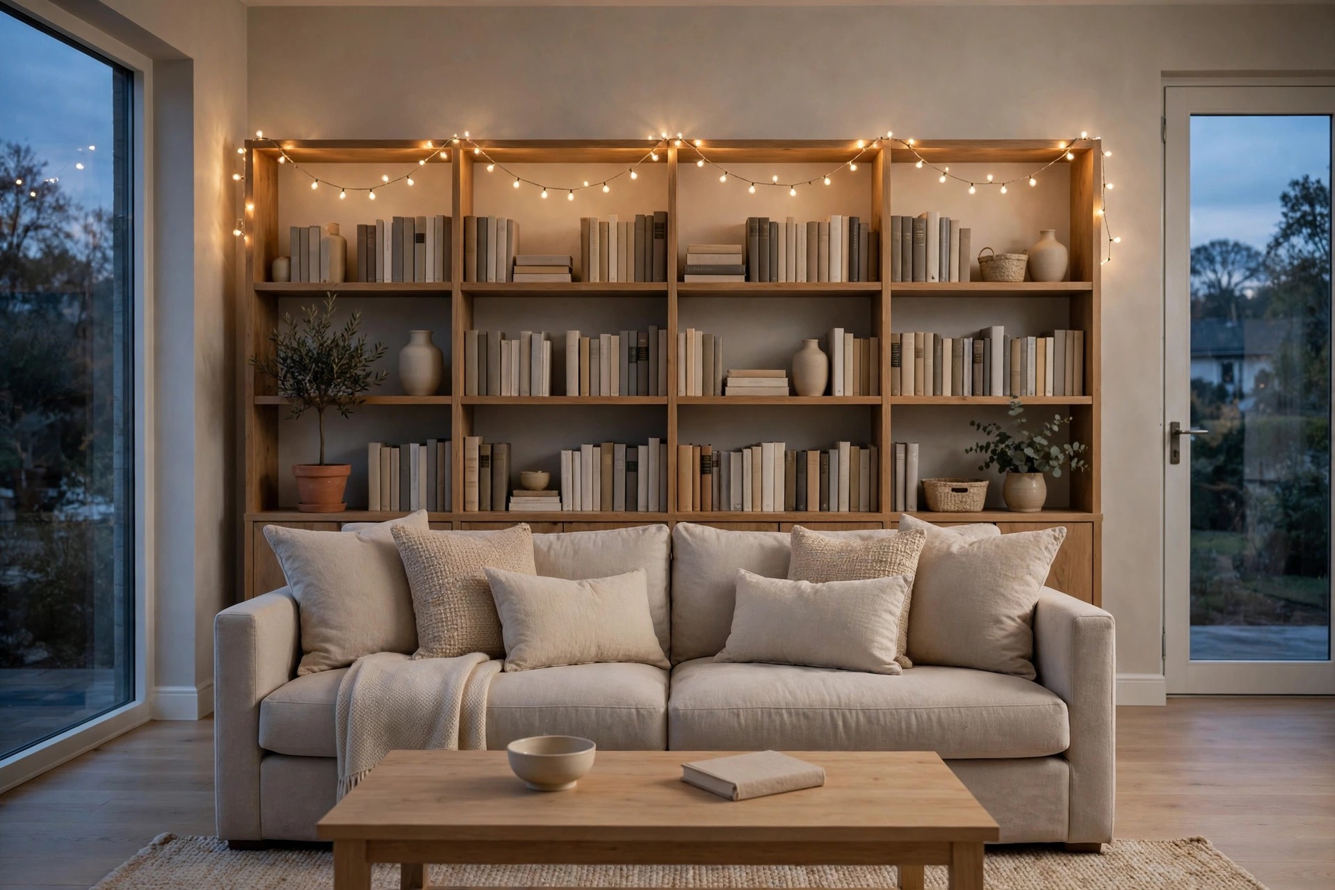 Warm string lights draped along the top of a wooden bookshelf behind a beige sofa with cream cushions at dusk