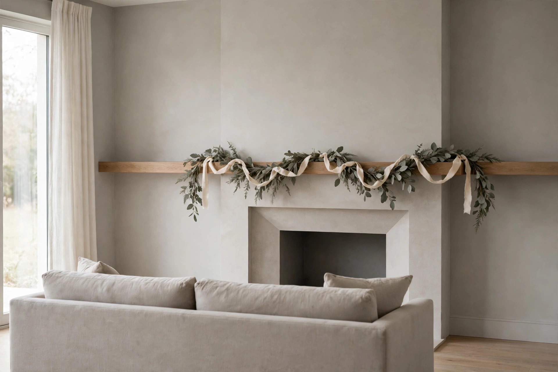 Muted grey green garland with cream ribbon draped along a wooden mantel shelf above a fireplace, seen over the back of a greige sofa