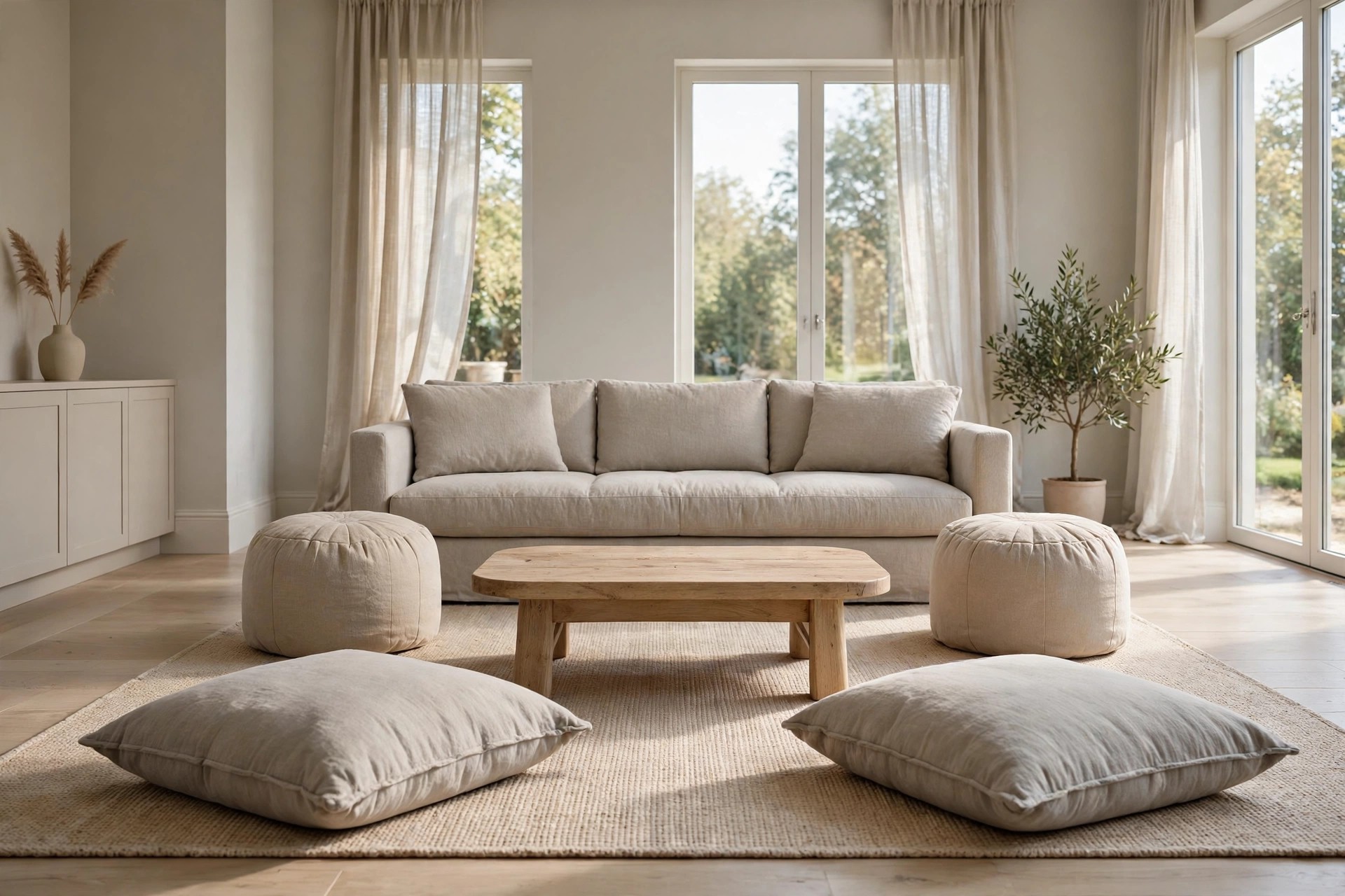 Two beige poufs and two large floor cushions around a wooden coffee table in front of a greige sofa on a woven rug