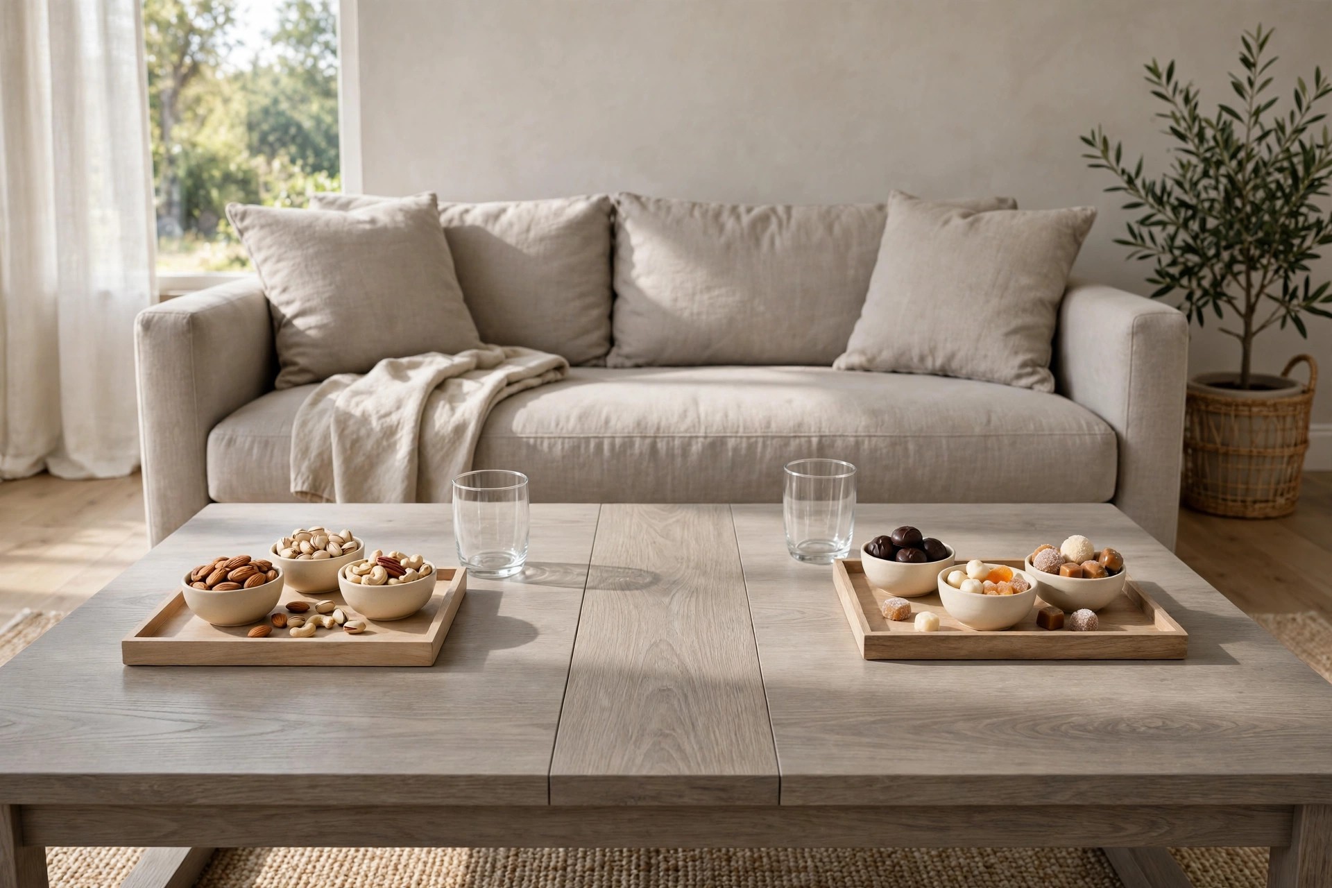 Two wooden trays with small cream bowls of nuts and sweets at each end of a coffee table, with a clear strip in the middle and a greige sofa behind