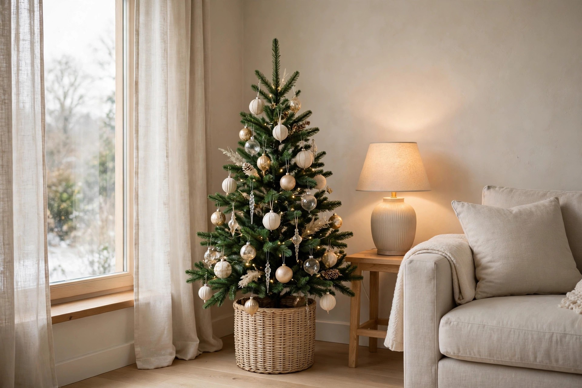 Small Christmas tree in a woven basket with cream, soft gold, and clear glass ornaments beside a lit table lamp and the arm of a greige sofa