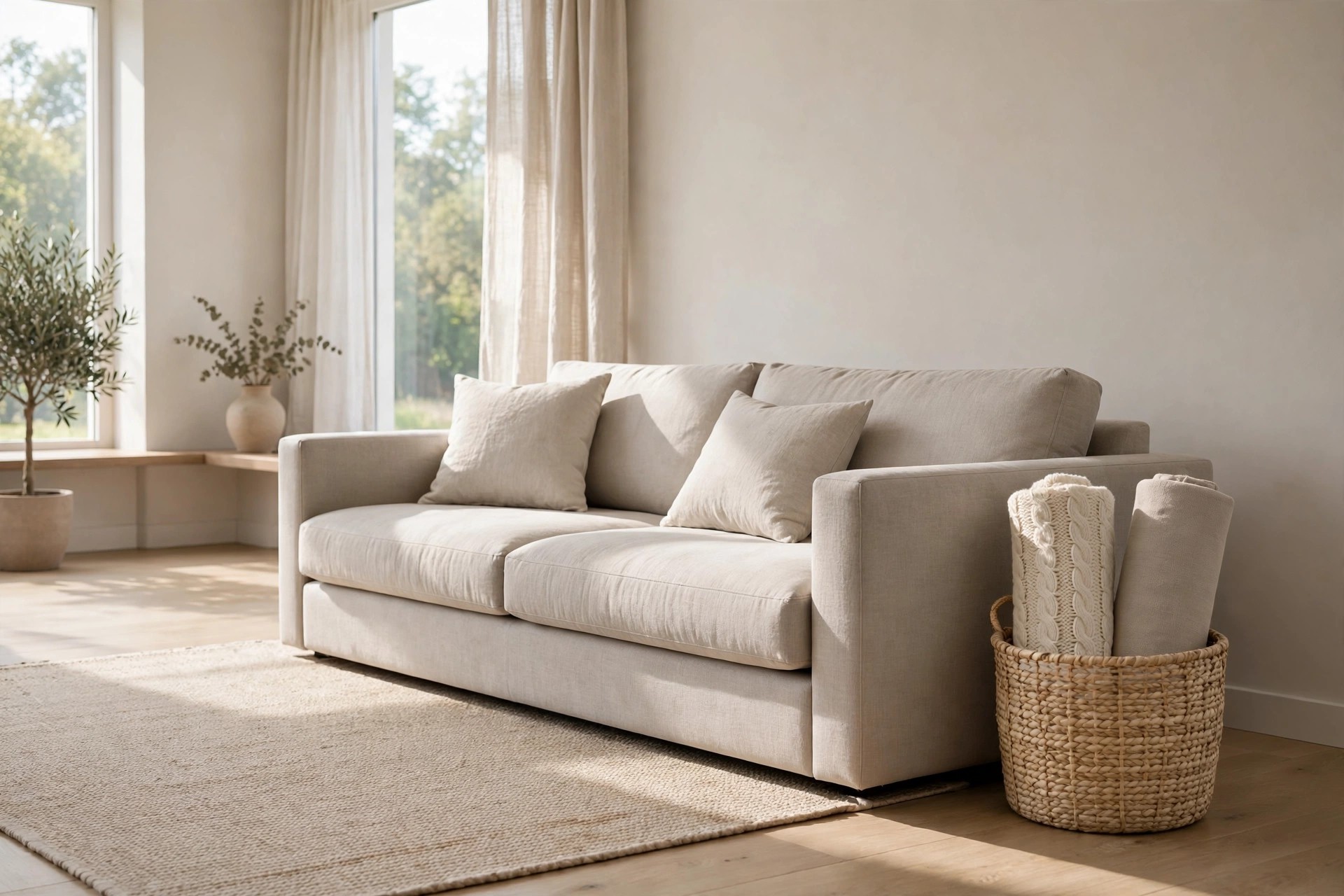 Woven basket holding two rolled throws, one cream knit and one smooth taupe, at the end of a greige sofa