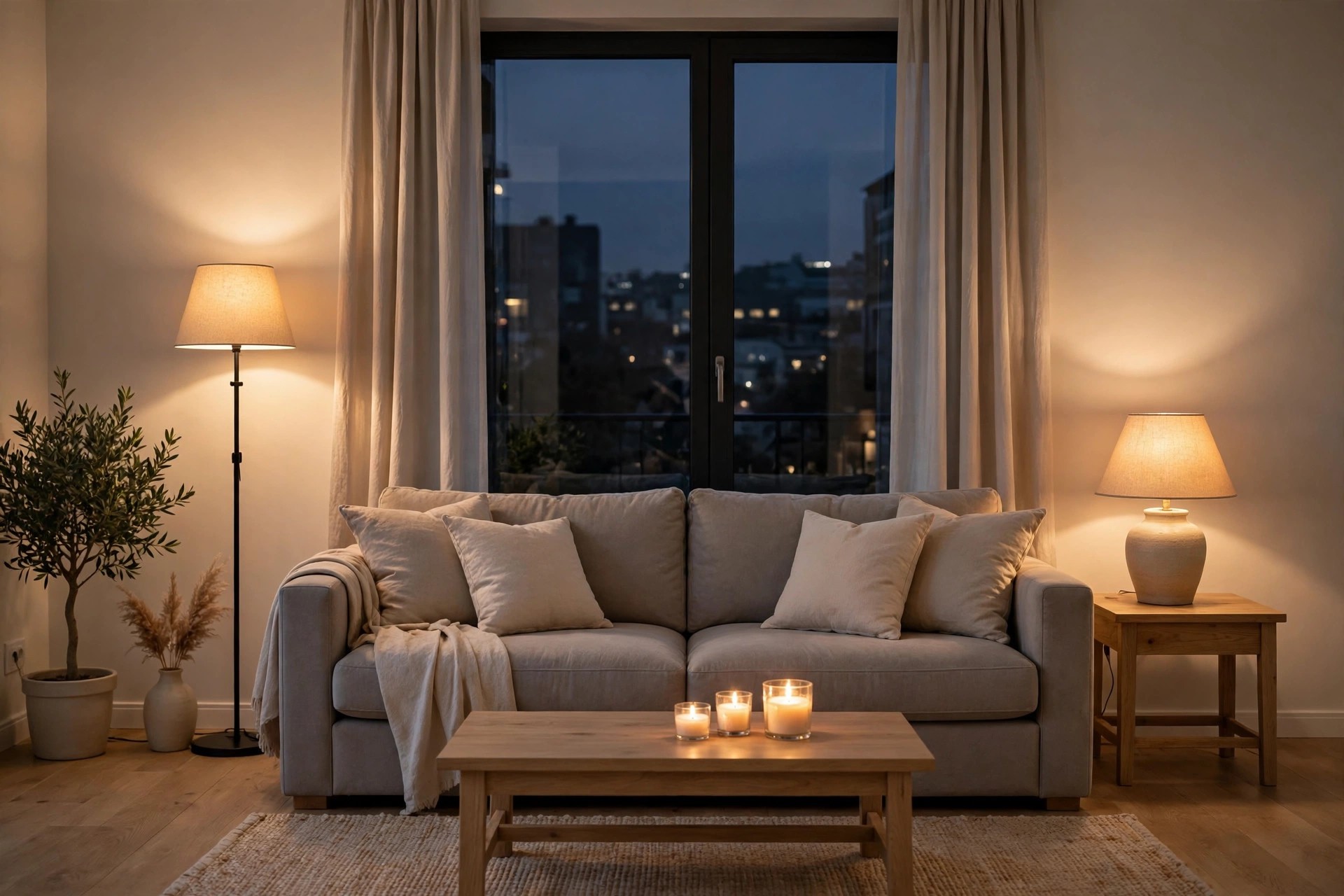 Greige sofa at night lit by a floor lamp on the left, a table lamp on the right, and three small candles on the coffee table