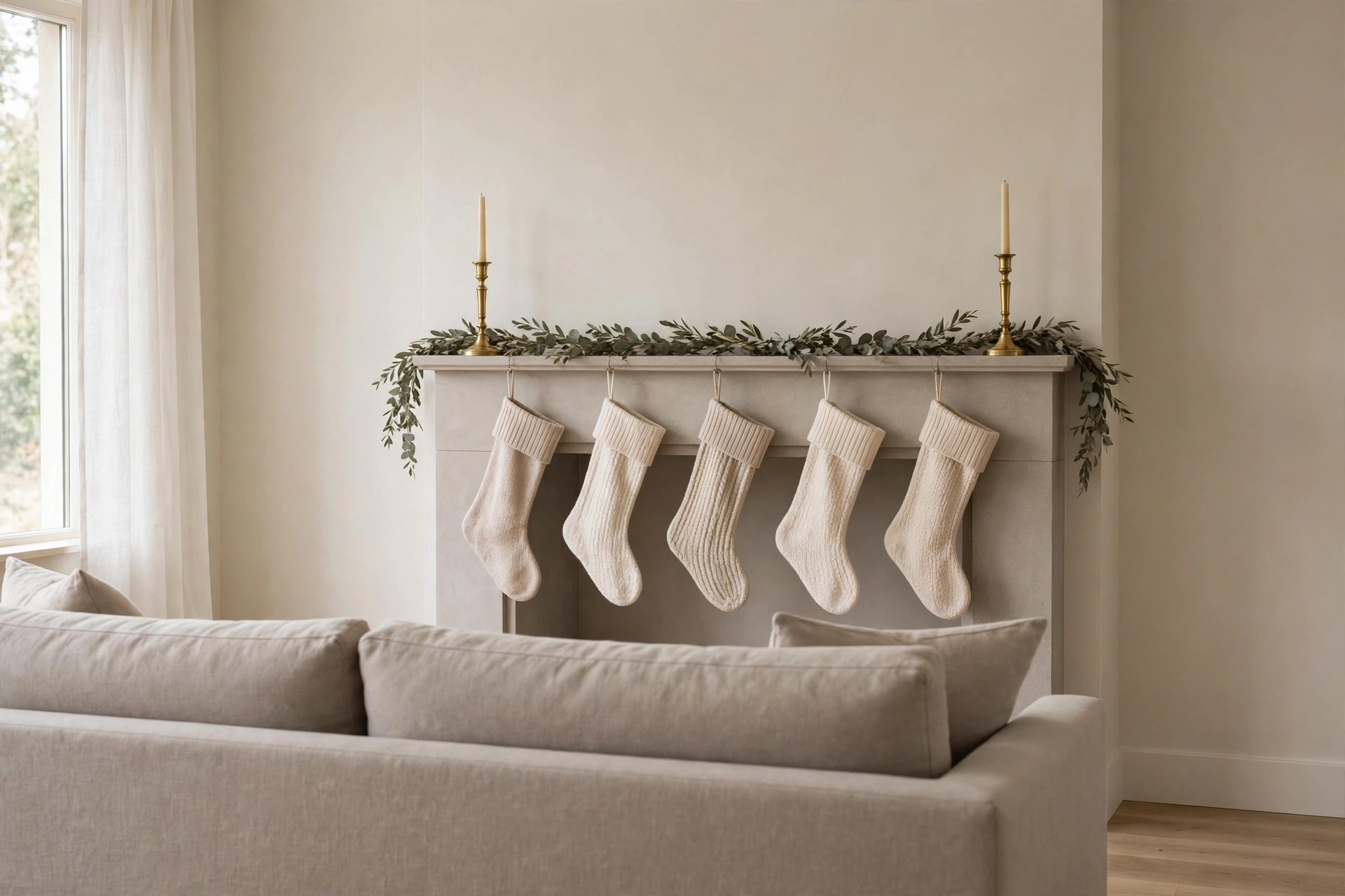 Five cream knit stockings hanging in a row from a mantel with a muted garland and two brass candlesticks, seen over the back of a greige sofa
