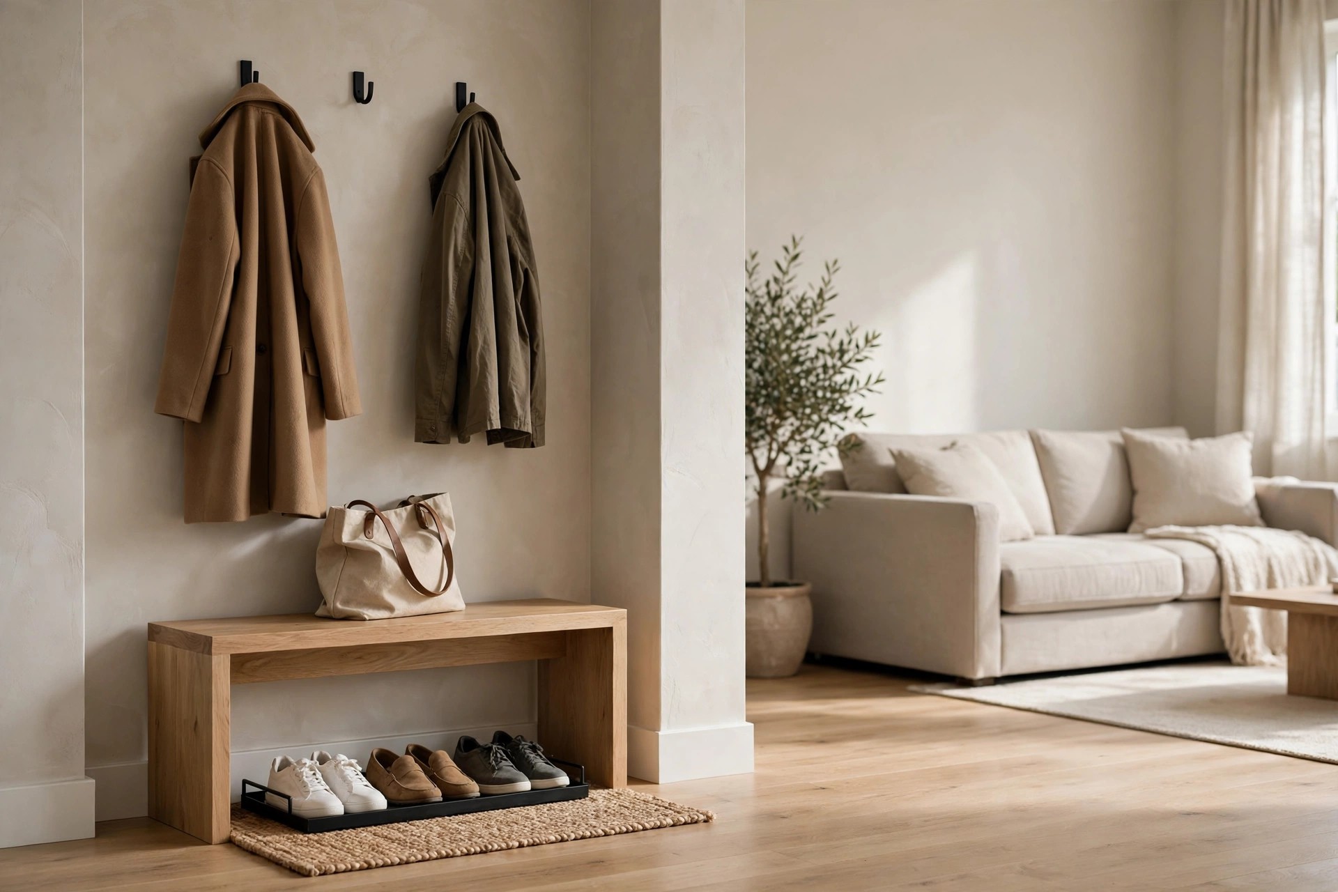 Two coats on wall hooks above a wooden bench with a canvas bag, and a shoe tray on a mat underneath, with a greige sofa in the room beyond
