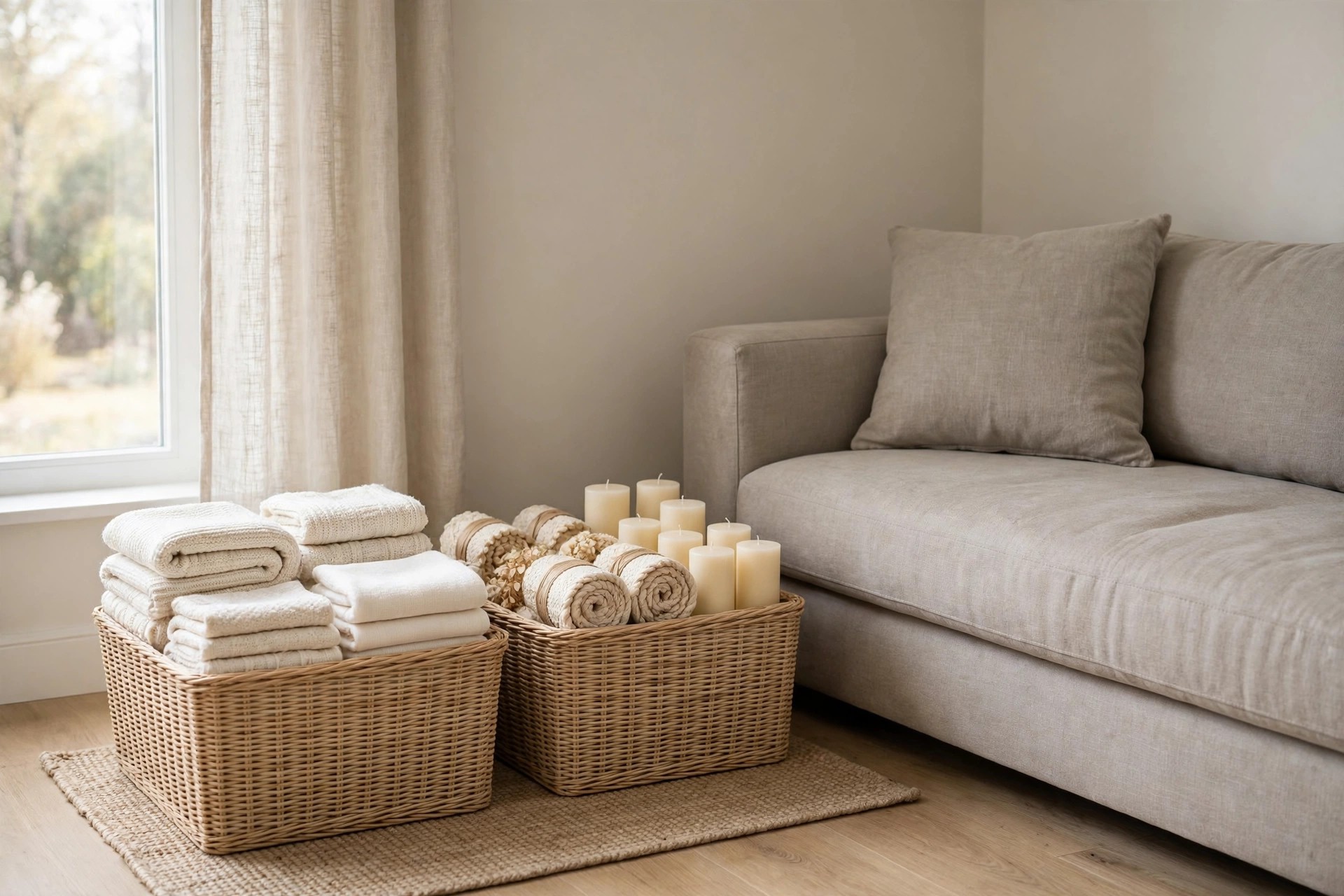 Two woven baskets beside a greige sofa holding folded cream throws, rolled garland, and cream pillar candles packed away