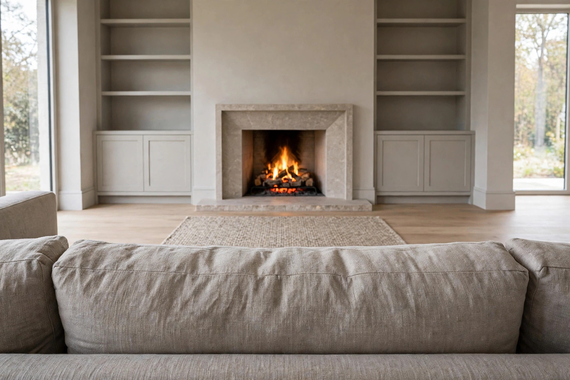 Back of a greige linen sofa facing a lit fireplace with a pale stone surround, built in shelves and cabinets on both sides, and a beige rug
