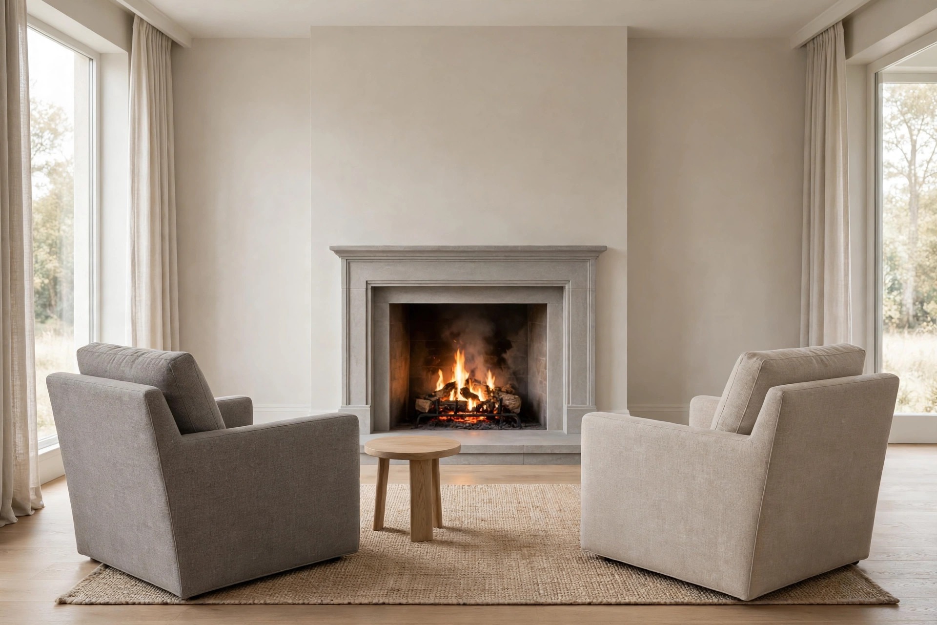 Warm grey armchair and beige linen armchair angled toward a lit grey stone fireplace with a small round wood table between them on a woven rug