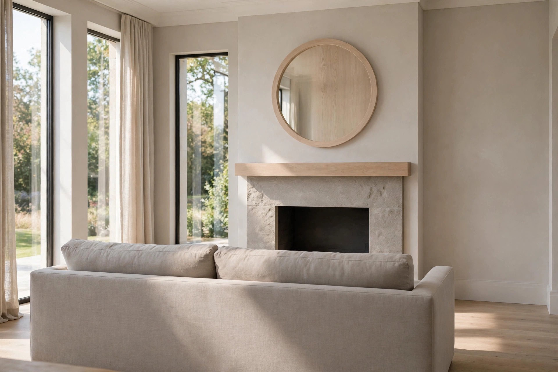 Large round mirror with a pale wood frame above a light wood mantel shelf and stone fireplace, with the back of a greige sofa in front and tall windows at the side