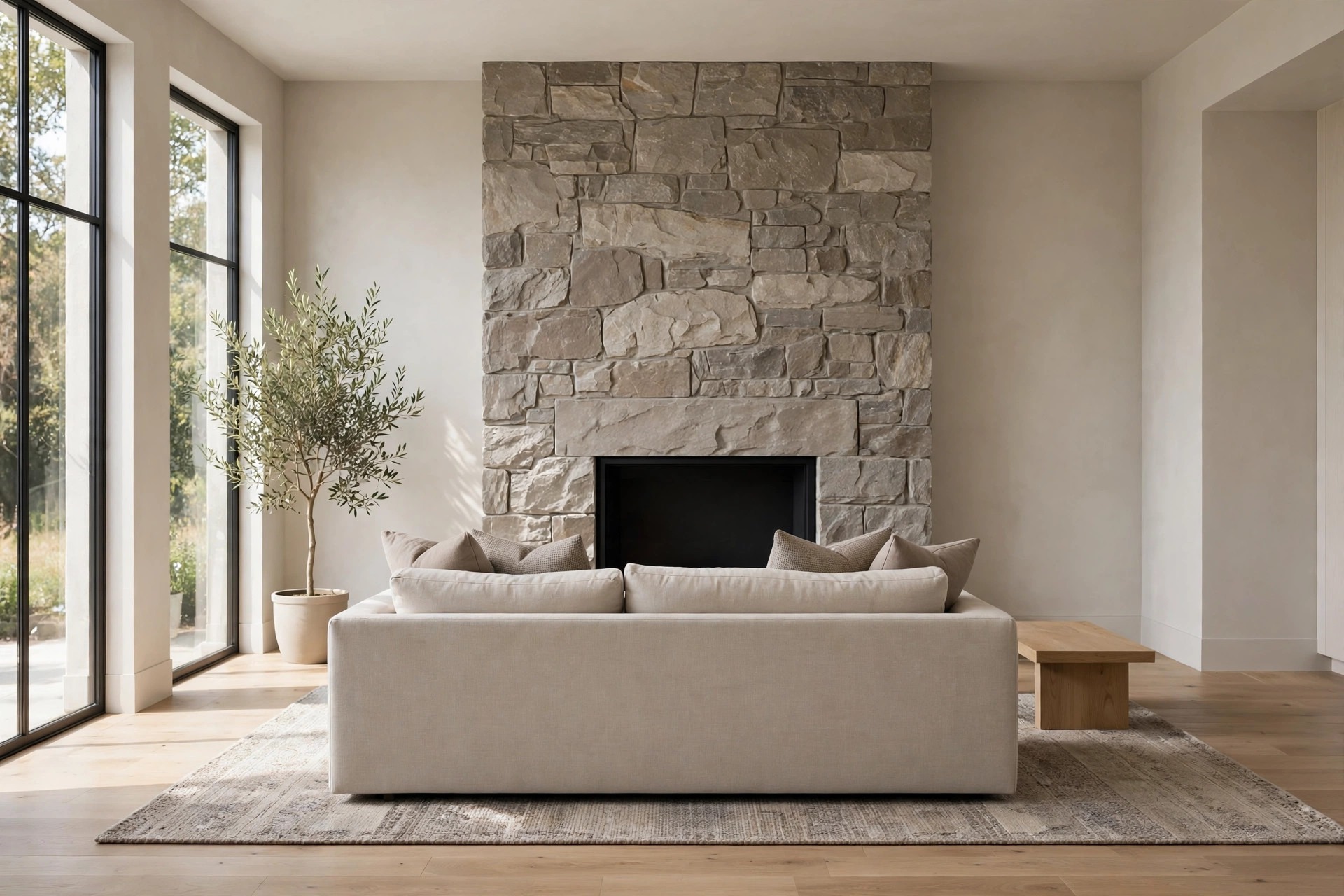 Floor to ceiling grey beige stone fireplace wall with a dark fire opening, a beige sofa with greige cushions facing it, and a potted olive tree beside tall windows