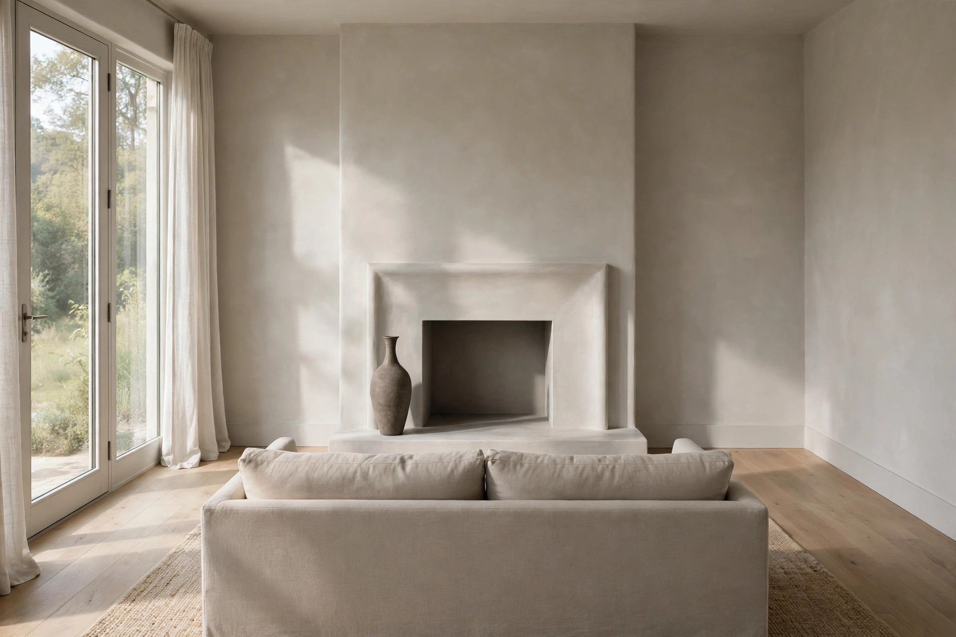 Pale plaster fireplace surround in the same tone as the greige walls, a tall dark greige vase on the hearth, and the back of a beige sofa facing it
