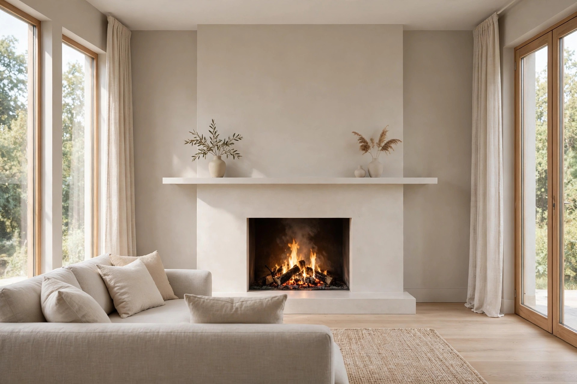 Lit fireplace with a wide pale mantel shelf in the same tone as the surround, two beige vases with stems on the shelf, and a beige sofa at the side