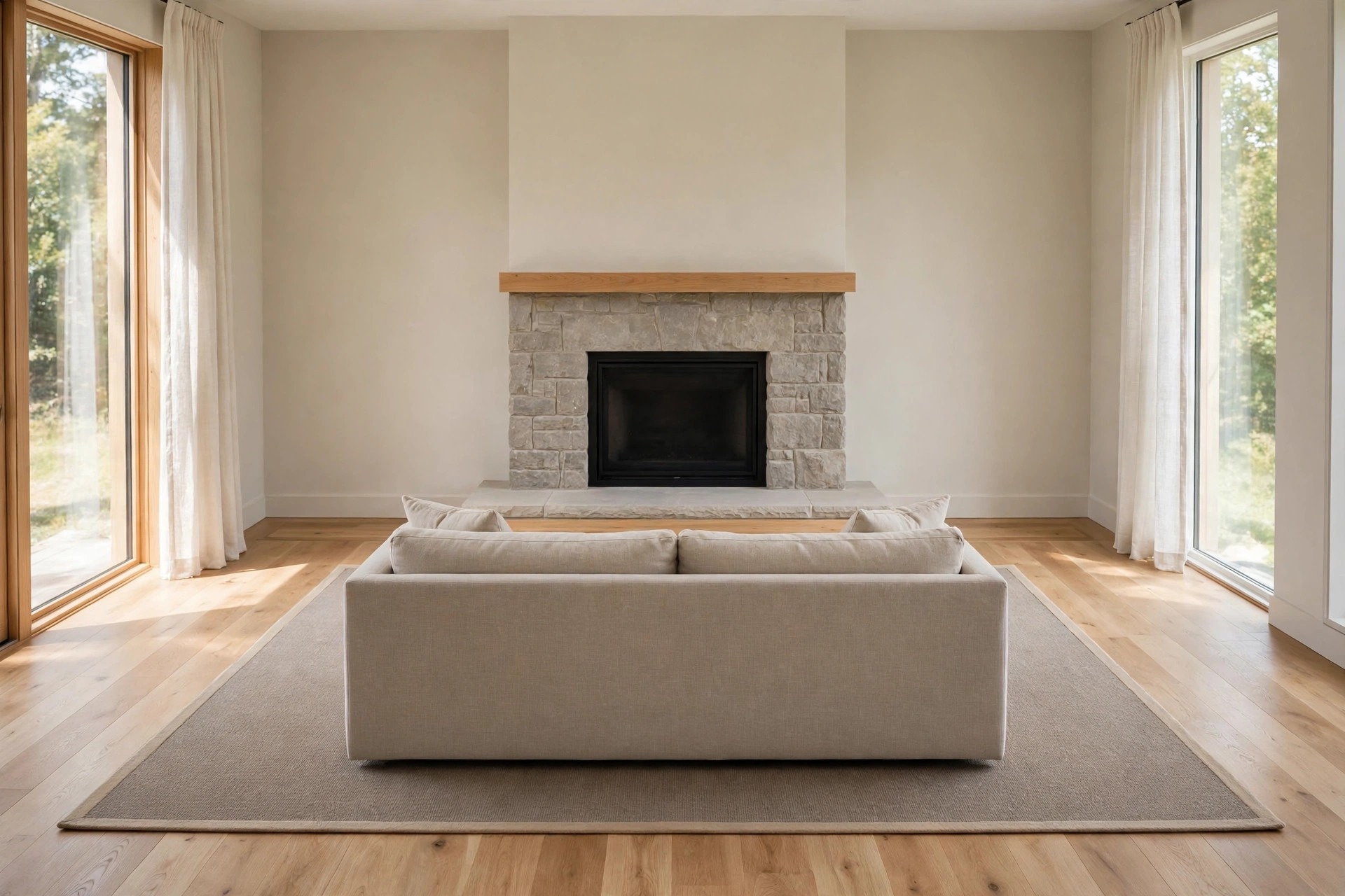 Beige sofa on a warm grey rug with a light border facing a stone fireplace with a wood mantel beam, with a clear strip of light wood floor before the hearth