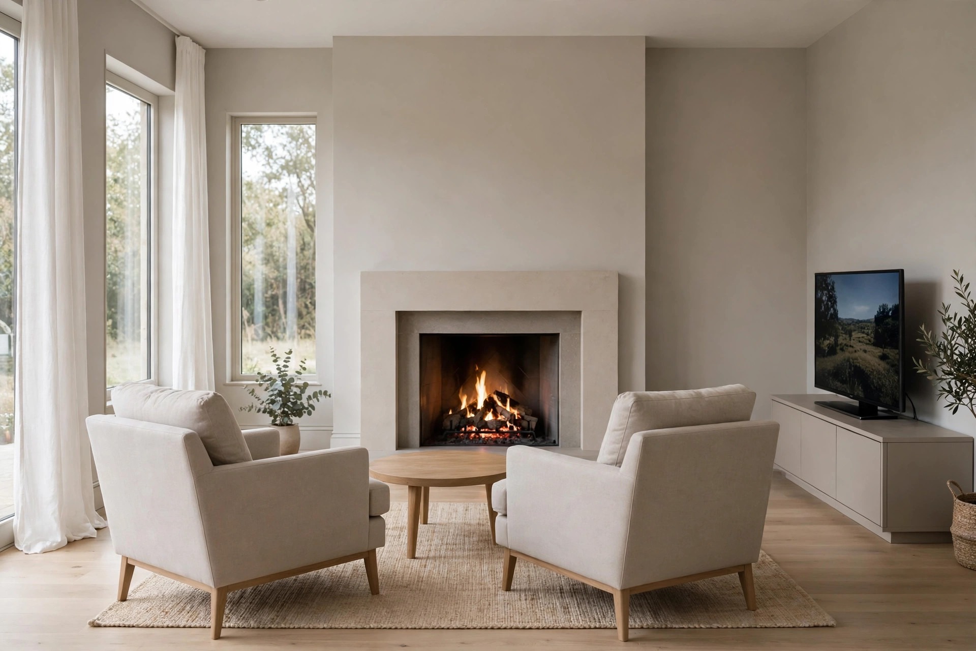 Lit fireplace in the center with two beige armchairs facing it and a television on a low greige unit along the right wall