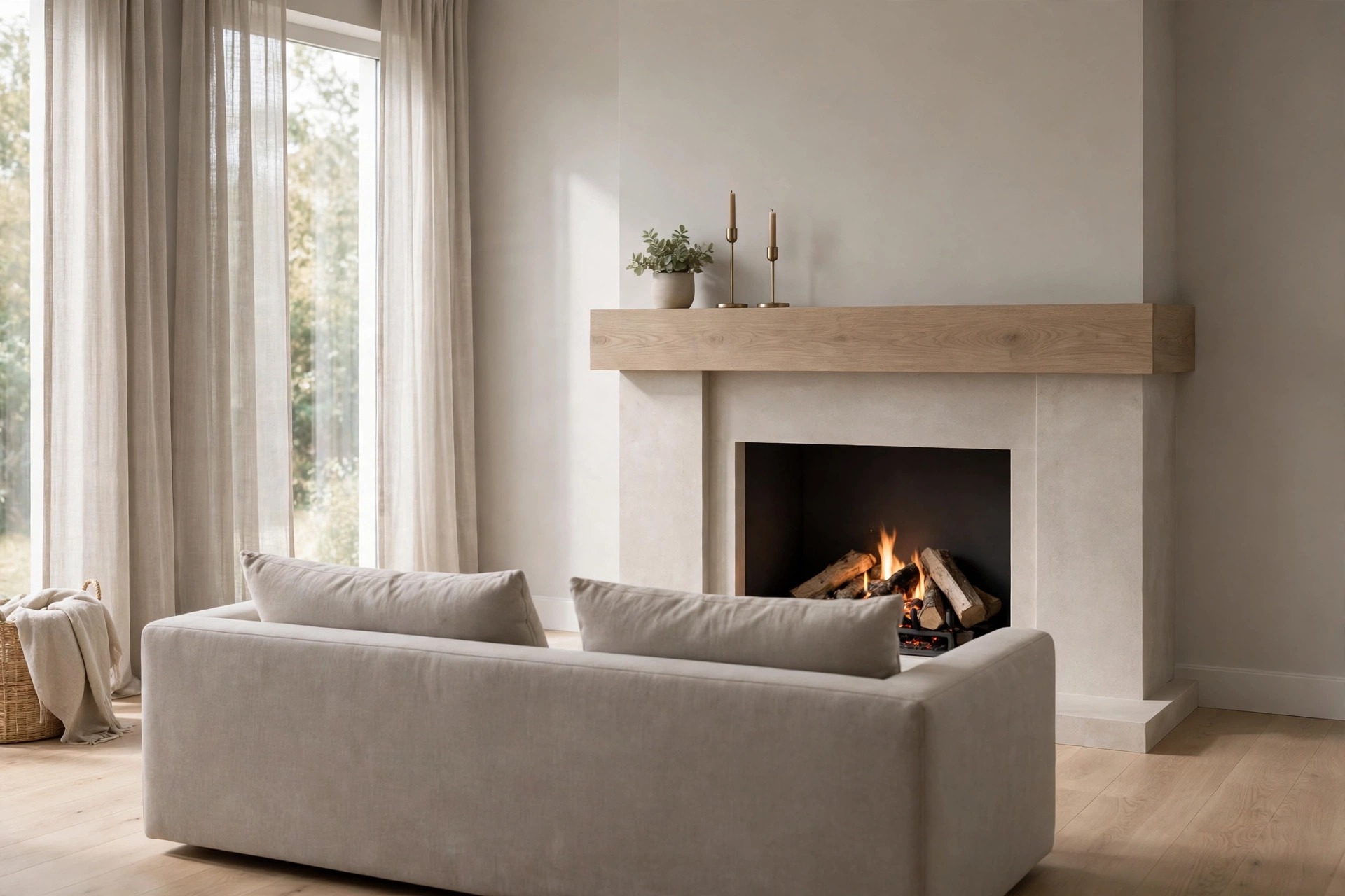 Thick light wood mantel beam with a small potted plant and two candle holders above a lit fireplace, with the back of a greige sofa in front