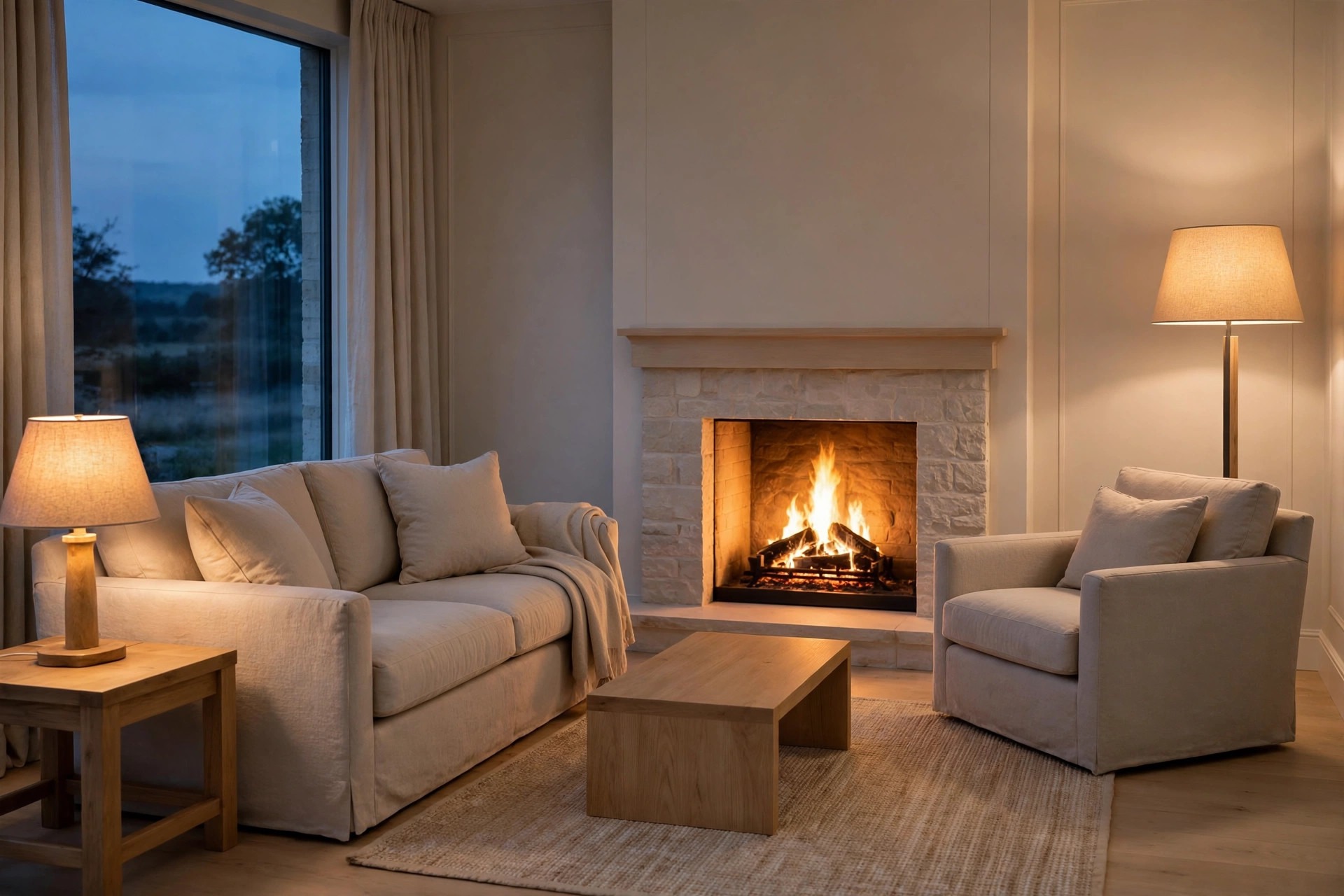 Grey beige living room at dusk with a lit stone fireplace, a beige sofa and armchair, a glowing table lamp on the left and a floor lamp on the right