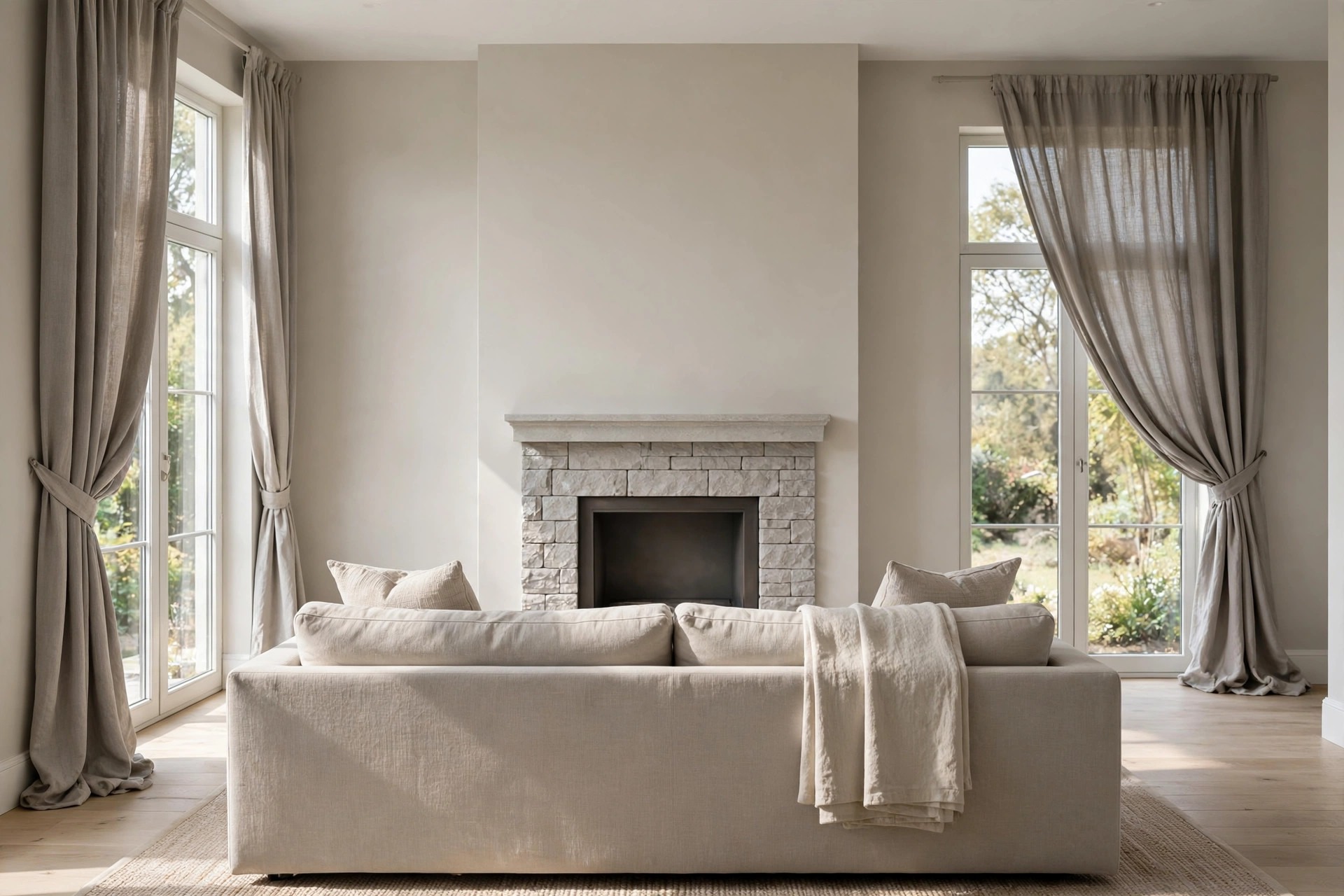 Grey beige linen curtains tied back at tall windows on both sides of a stone fireplace, with a beige sofa and a cream throw facing the hearth