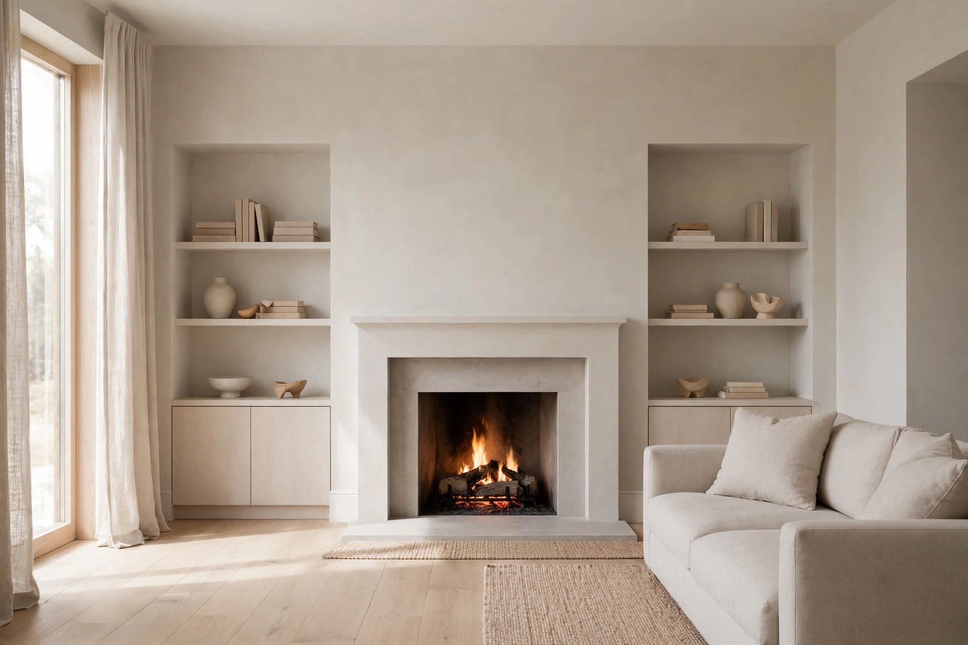 Lit fireplace between alcove shelves holding beige books, vases and bowls with clear space around them, and a beige sofa at the right