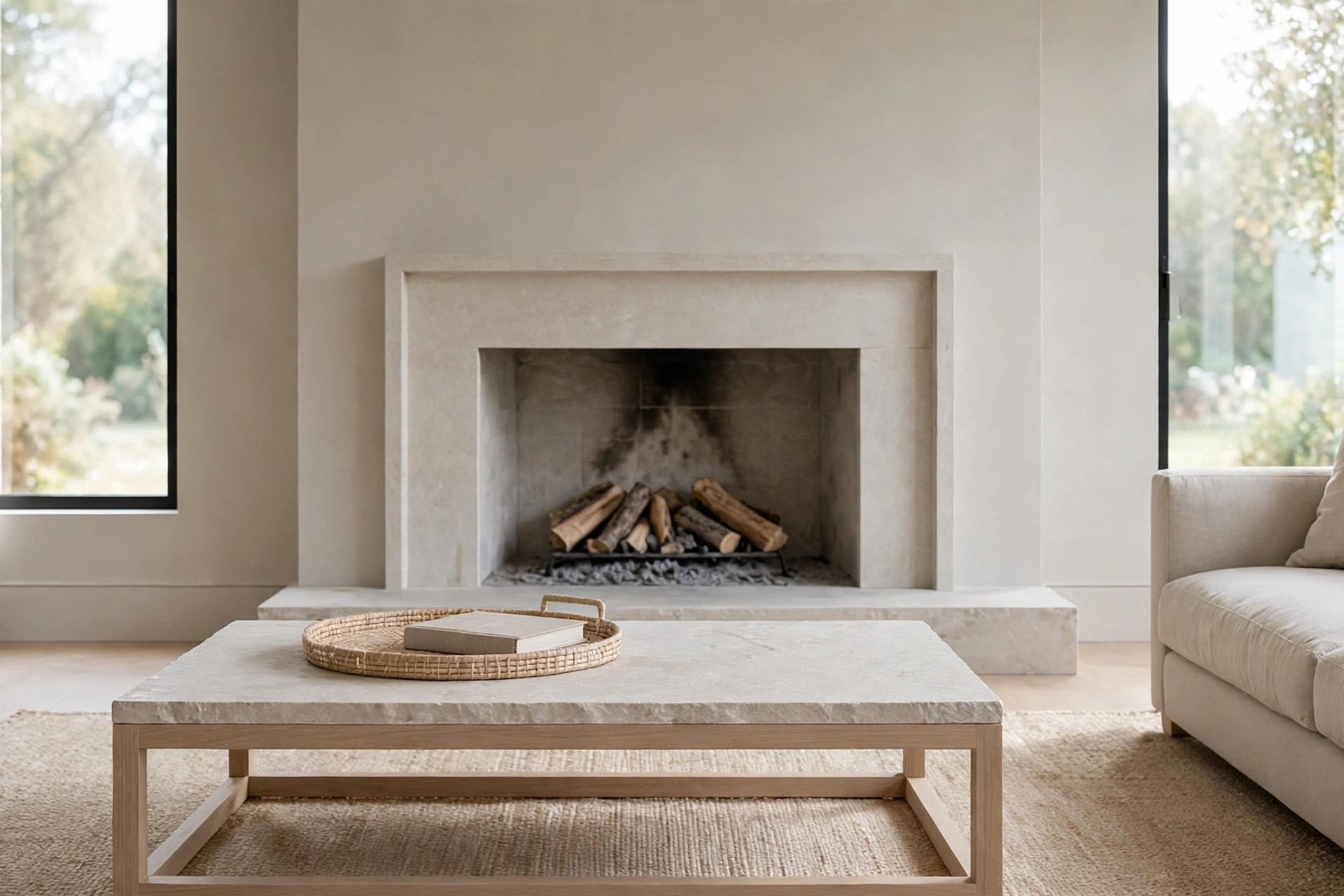 Low stone top coffee table with a pale wood frame, a woven tray and one book, in front of a pale fireplace with logs and a beige sofa at the right