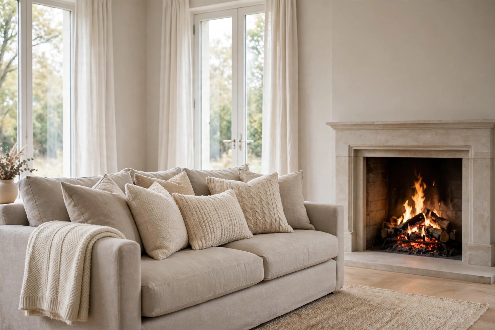 Beige sofa with layered cream and beige knit and boucle cushions and a knit throw over one arm, beside a lit stone mantel fireplace