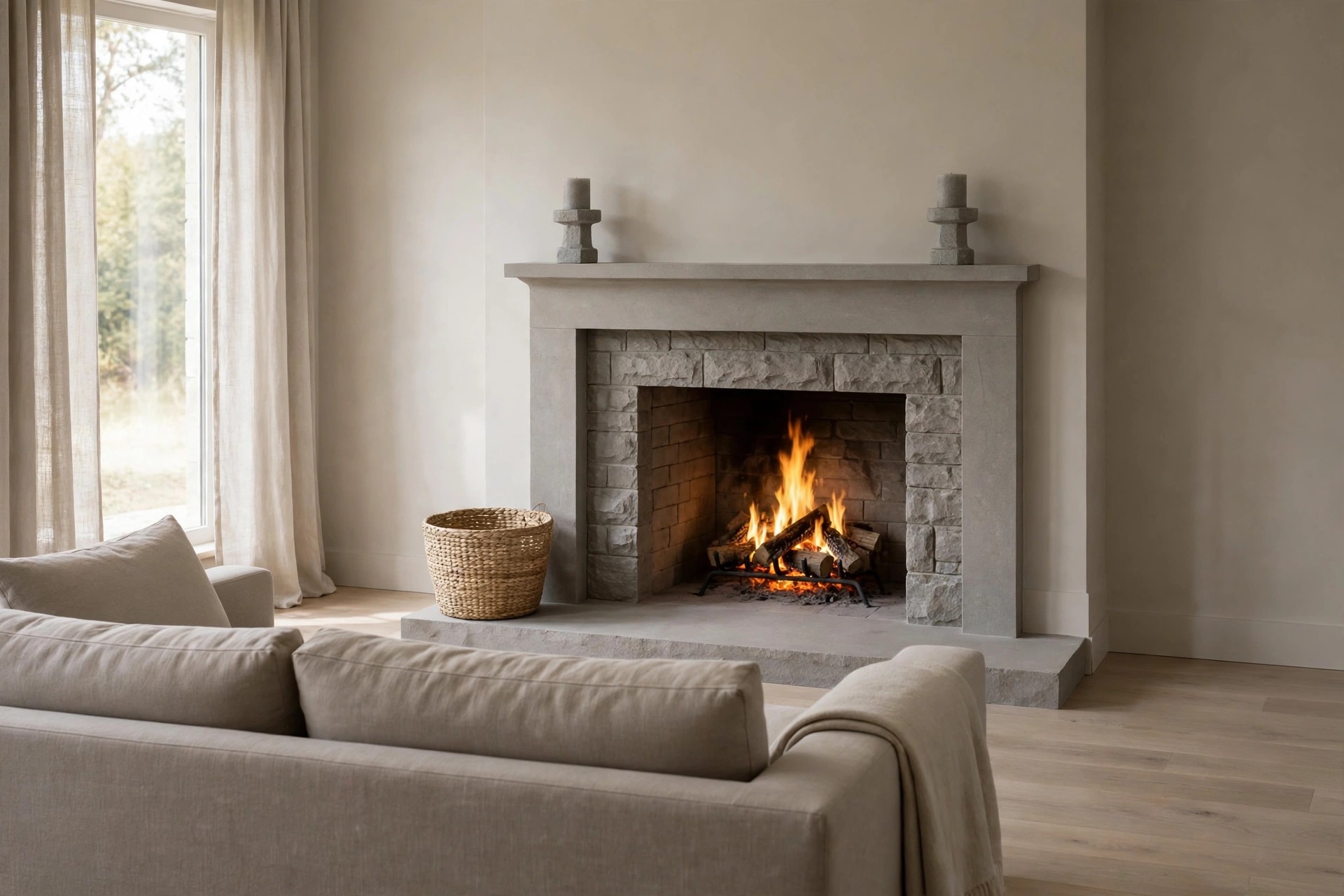 Lit grey stone fireplace with a clear hearth, one woven basket at the left side, two stone grey candle holders on the mantel, and the back of a greige sofa