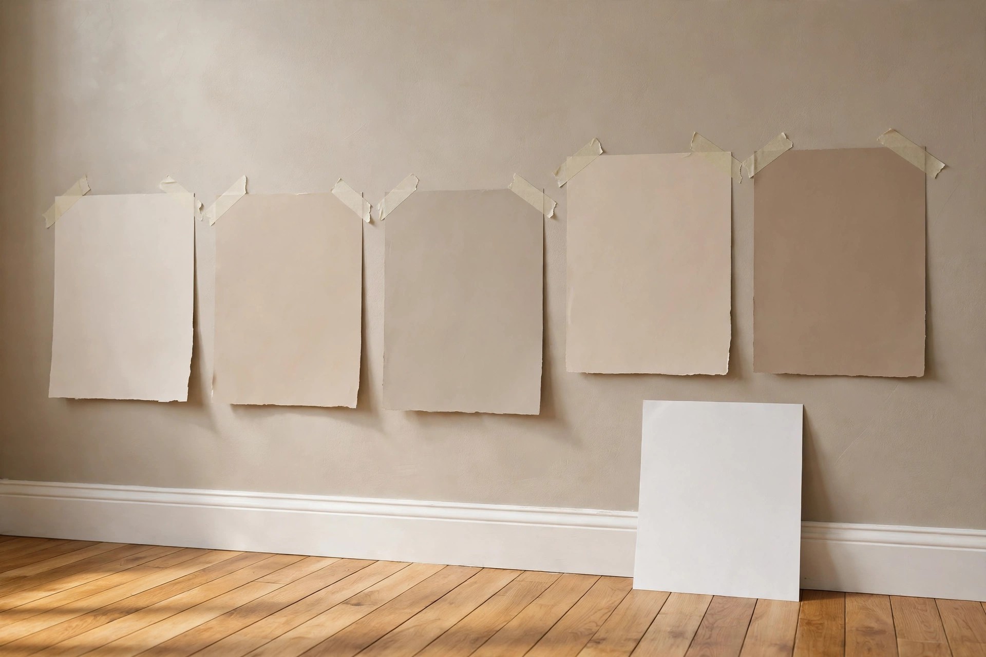 Five large greige paint swatch sheets taped to a grey beige wall above a white skirting board, with a white board leaning against the wall over a warm wood floor