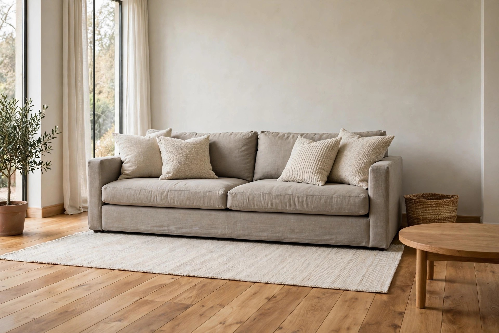 Mid tone grey beige sofa with oatmeal cushions in mixed fabrics on a warm ivory rug, warm honey wood floor and a woven basket beside it