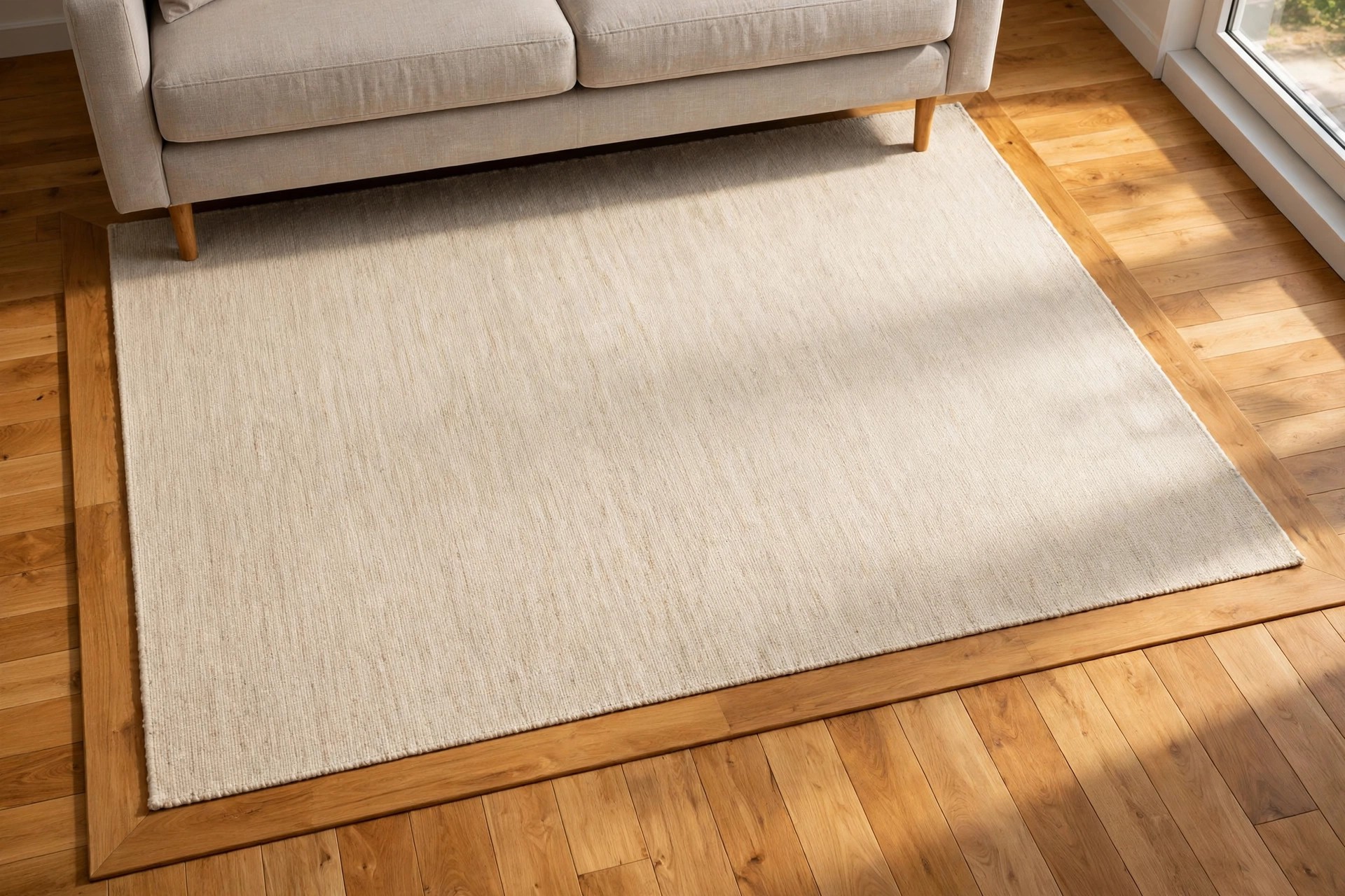 Warm ivory rug under the front legs of a grey beige sofa, set into a warm wood floor with a wooden border frame around the rug