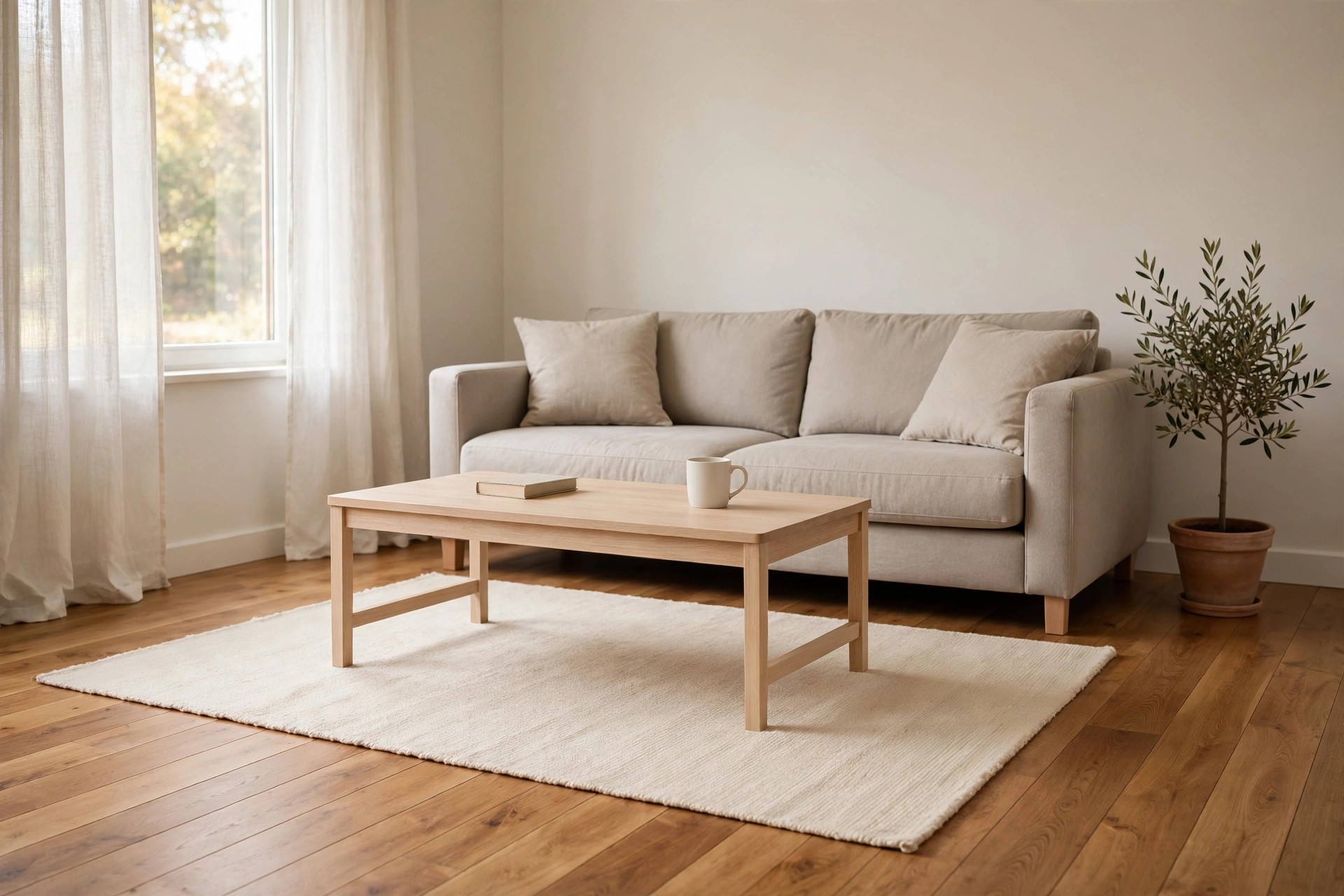 Pale oak coffee table with a mug and a closed book on a warm ivory rug in front of a grey beige sofa, warm wood floor around the rug