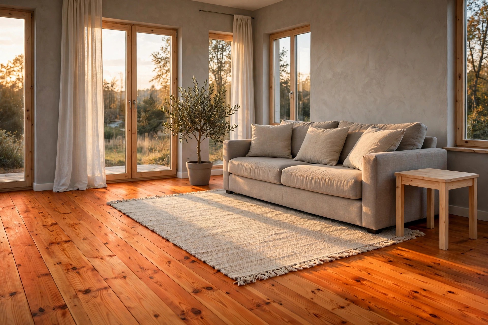 Greige sofa and ivory rug on a strong orange toned pine wood floor in late afternoon light, with cooler grey beige walls